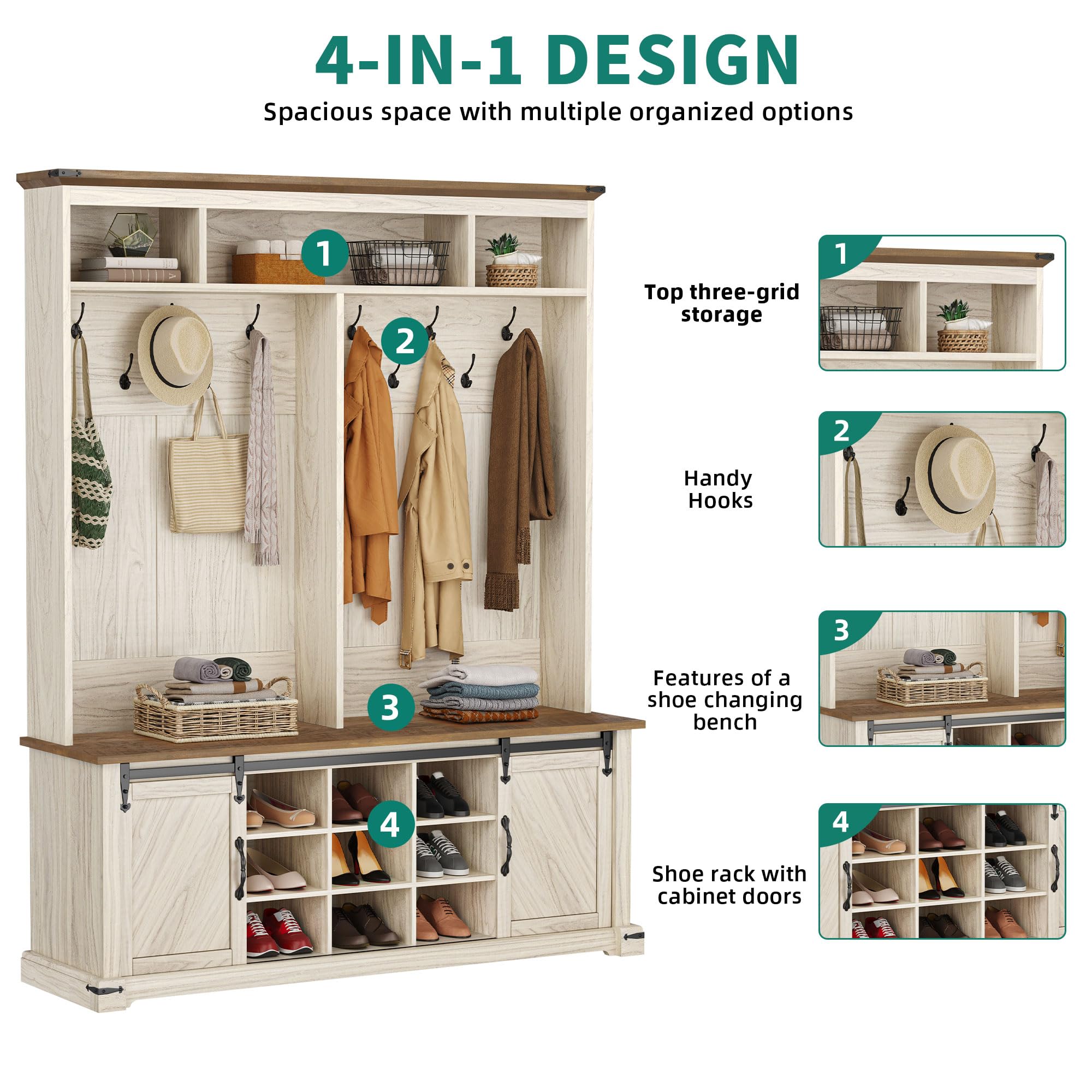 YITAHOME Farmhouse Entryway Bench with Coat Rack, Shoe Storage & 10 Hooks - Rustic Hall Tree Organizer with Sliding Barn Doors & 13 Shoe Compartments - Perfect for Mudroom, Foyer & Small Space Entryway Organization