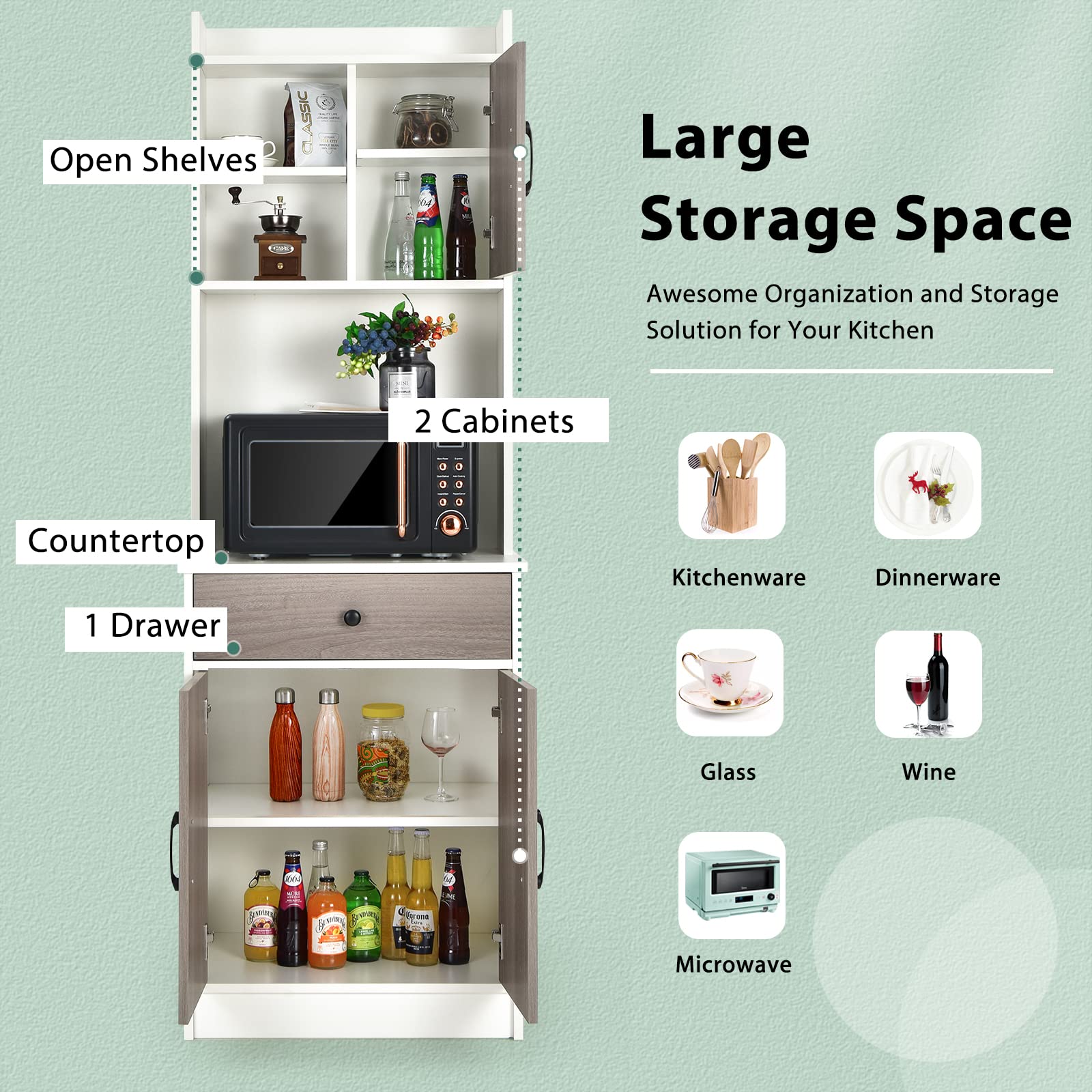Giantex Pantry Organizers and Storage Cabinet - Tall Buffet Hutch with Drawers & Shelves, White & Natural Wood Countertop - Perfect for Kitchen Organization, Dining Room Storage & Microwave Stand