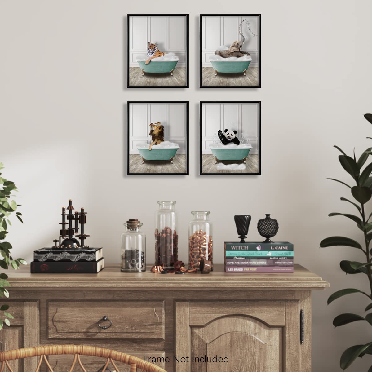 Funny Animal Wall Art for Bathroom - Elephant, Tiger, Panda & Lion Decor - Modern Powder Room Posters - Cute Bathroom Signs for Women & Kids - Unique Bath Wall Decor for Home, Nursery or Guest Bathroom