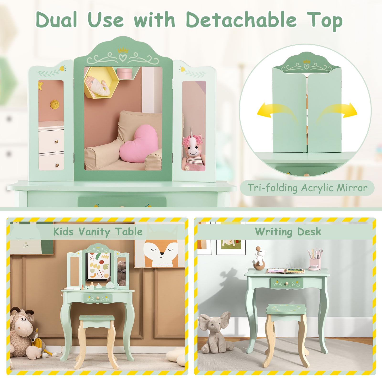 Honey Joy Kids Vanity Set - Wooden Makeup Table & Chair for Toddlers - Pretend Play Dressing Toys - for Girls Bedroom Play