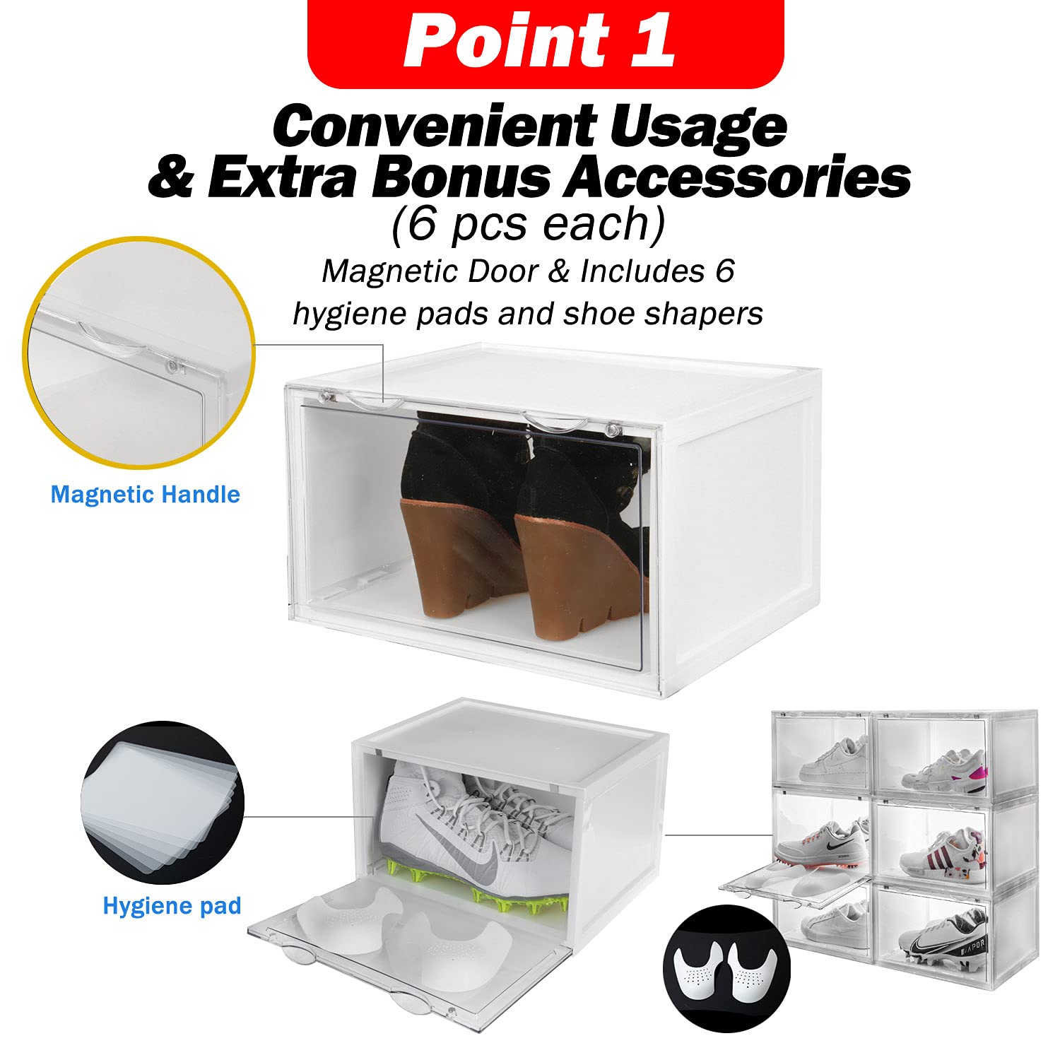 Letusto Premium Clear Plastic Shoe Storage Boxes - 6 Pack Stackable Sneaker Display Cases with Lids (White) | Includes 6 Hygiene Pads & Shapers | Perfect for Organizing Sneakers, Boots & High Heels in Closet or Retail Store Display