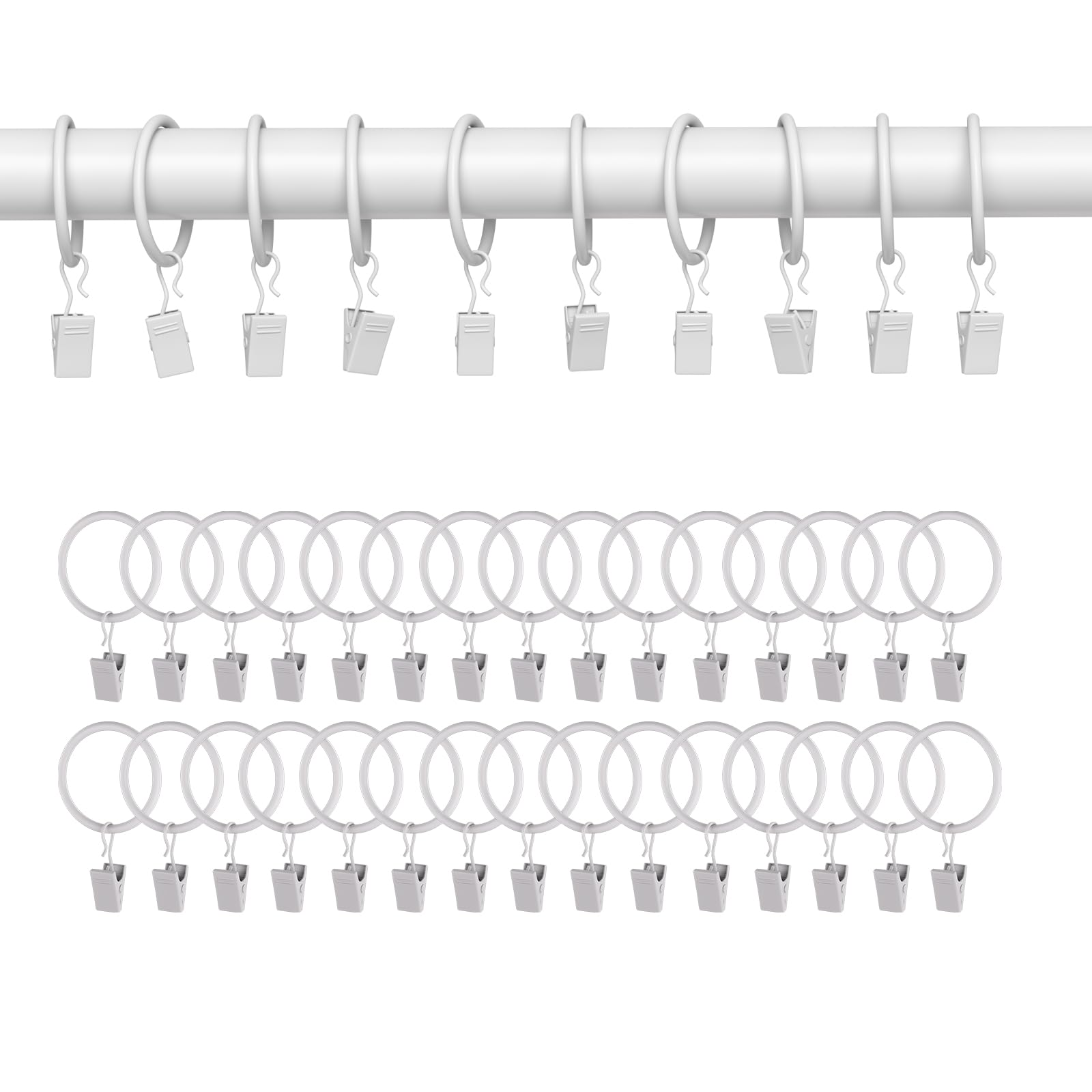 40 Pack White Curtain Rings with Clips - 1 Inch Interior Diameter Drapery Hooks for 5/8 Inch Rods - Durable Metal Curtain Accessories for Living Room, Bedroom & Window Decor