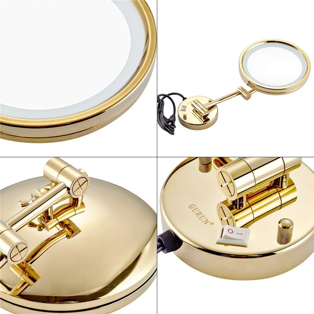 FUDGIO 8 Inch LED Magnifying Makeup Mirror with Light, Wall Mounted Vanity Mirror for Bathroom - Gold Brass Frame, 3X Magnification (Perfect for Makeup Application, Skincare Routine & Grooming)