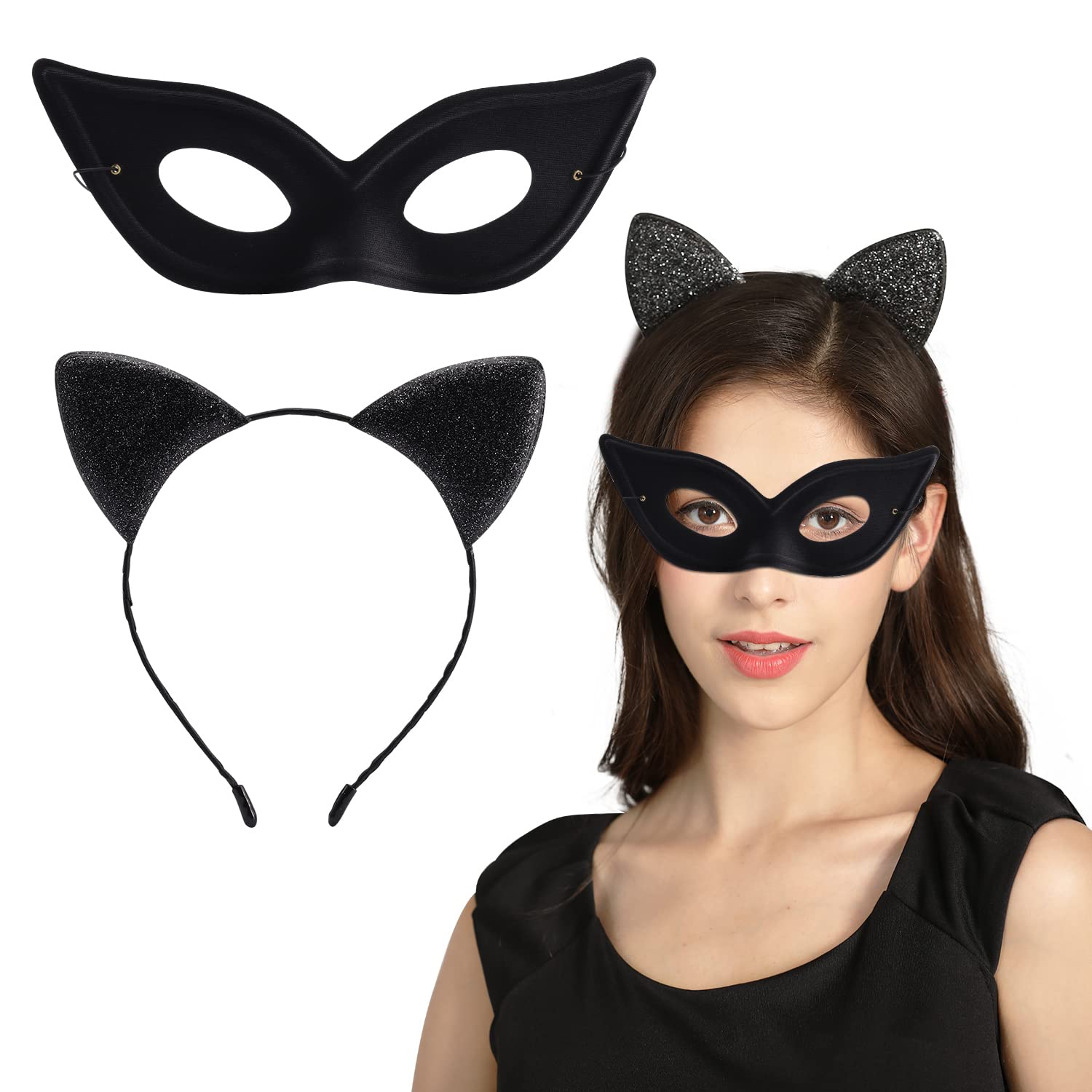 Sparkly Cat Ear Headband with Matching Face Mask - Glitter Kitty Ears Hairband for Halloween Costume & Cosplay - Perfect for Parties, Dress-Up, and TikTok Videos