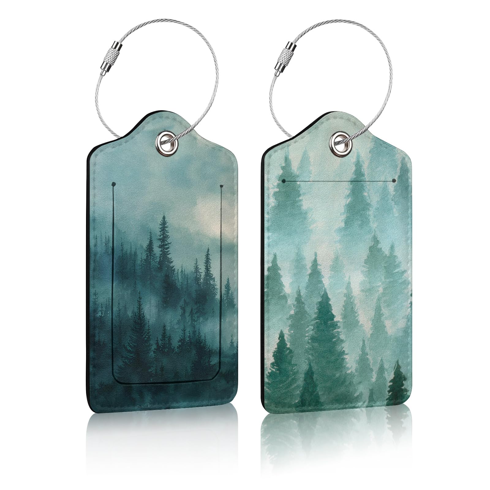 2 Pack Green Misty Forest PU Leather Luggage Tags with Privacy Cover - Durable ID Labels for Suitcases, Travel Bags & Backpacks - Perfect for Women, Men, Cruise, School & Business Travel Accessories