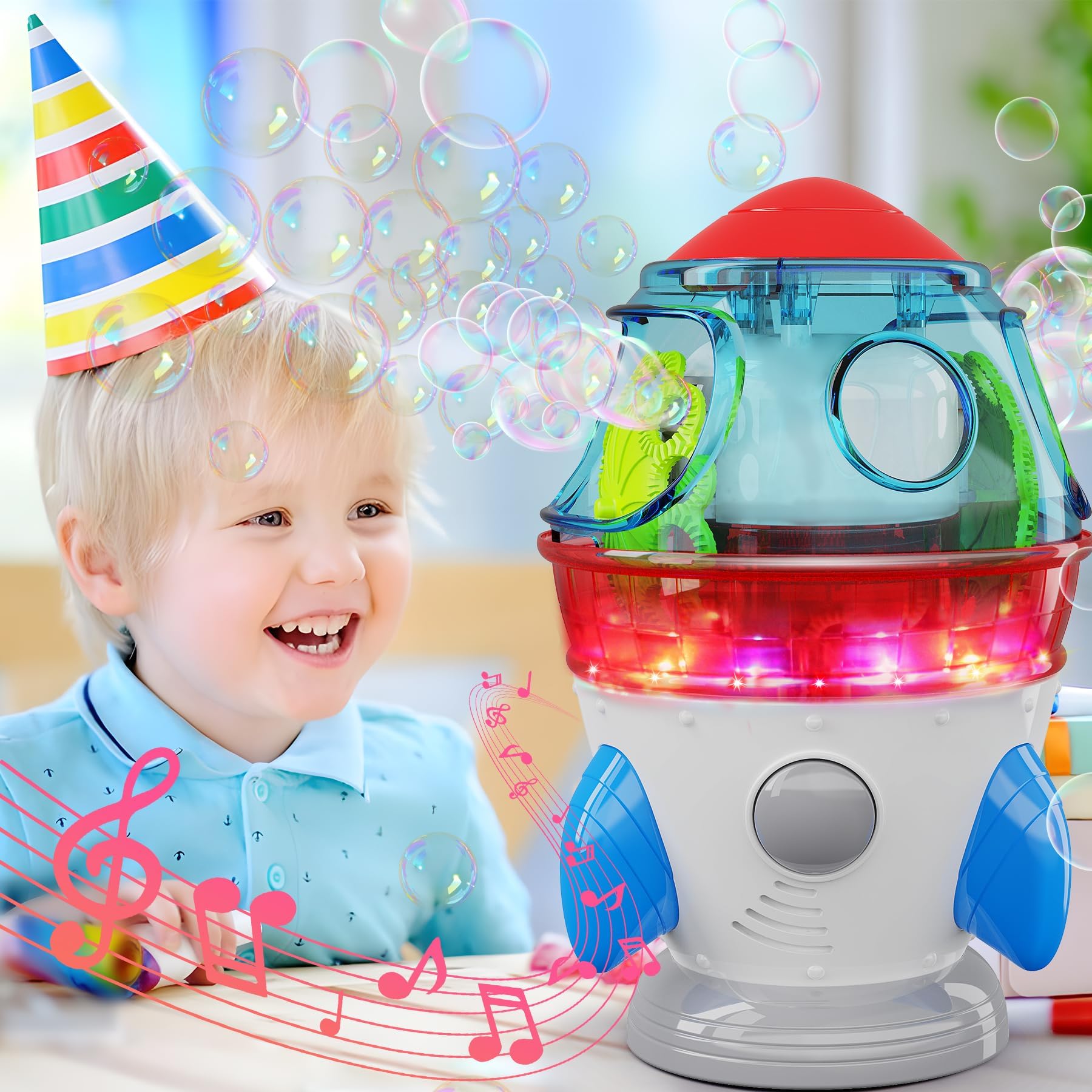 360° Auto Rotating Bubble Blower Machine with 2 Fans, LED Lights & Music - Fun Bubble Maker Toy for Kids Ages 1-3 | Perfect for Birthday Parties, Outdoor Play & Gift Giving (Ideal for Boys & Girls)