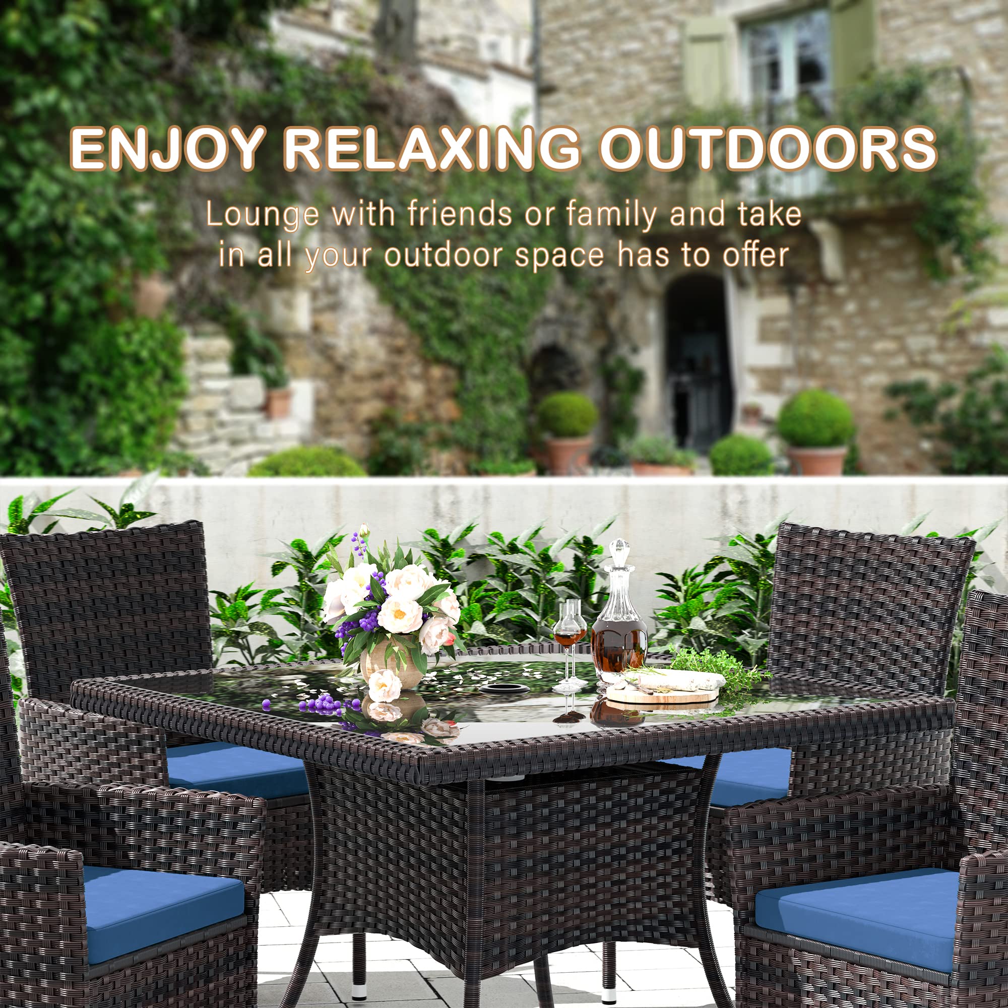 5-Piece Outdoor Patio Dining Set with Square Glass Tabletop & 4 Navy Blue Cushioned Chairs - Rattan Furniture for Backyard, Garden, Poolside & Outdoor Kitchen
