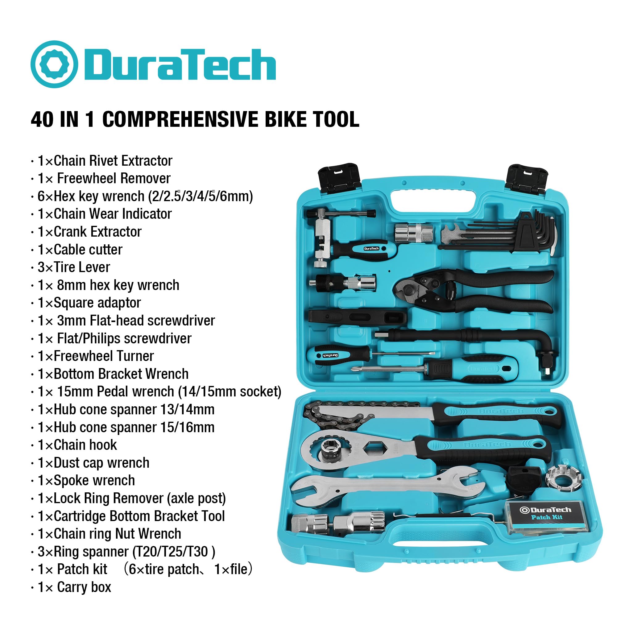 DURATECH Bike Repair Kit - 42-Piece Bicycle Tool Kit with Portable Carry Case for Tire, Brake, Chain & Pedal Maintenance - Essential Mountain & Road Bike Accessories - Perfect Gift for Cyclists (Men & Women) - Ideal for Trail Rides, Commuting & Home Bike Repairs