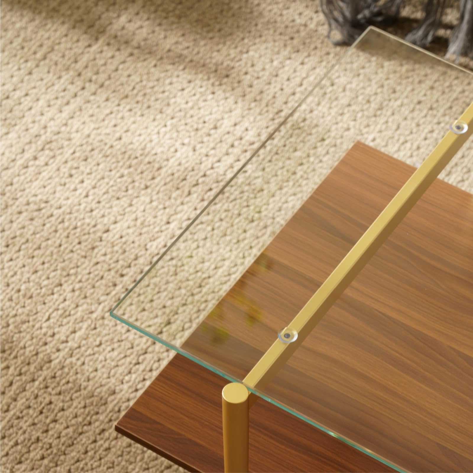 Saint Mossi Tadio Modern Glass Coffee Table - Clear Double Layer Design with Coffee Brown Bottom Shelf for Living Room | Perfect for Lounge, Family Gatherings & Home Decor