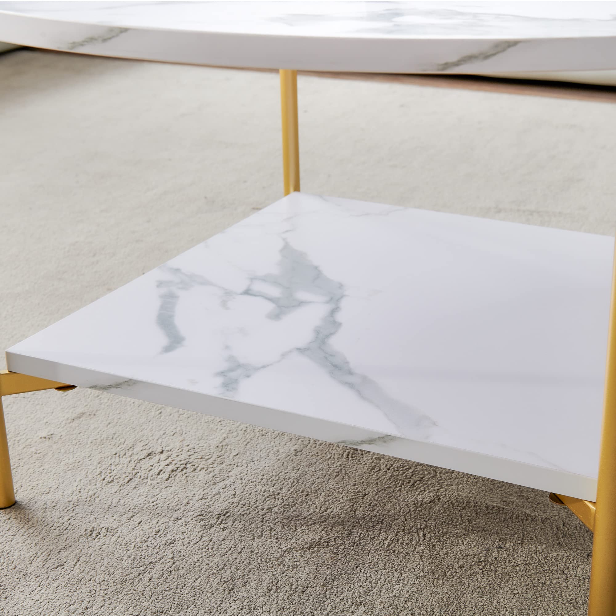 Modern Round Marble Coffee Table with Storage Shelf - Gold Accent Living Room Side Table for Sofa, Lounge & Dining Room - Stylish Home Decor Centerpiece
