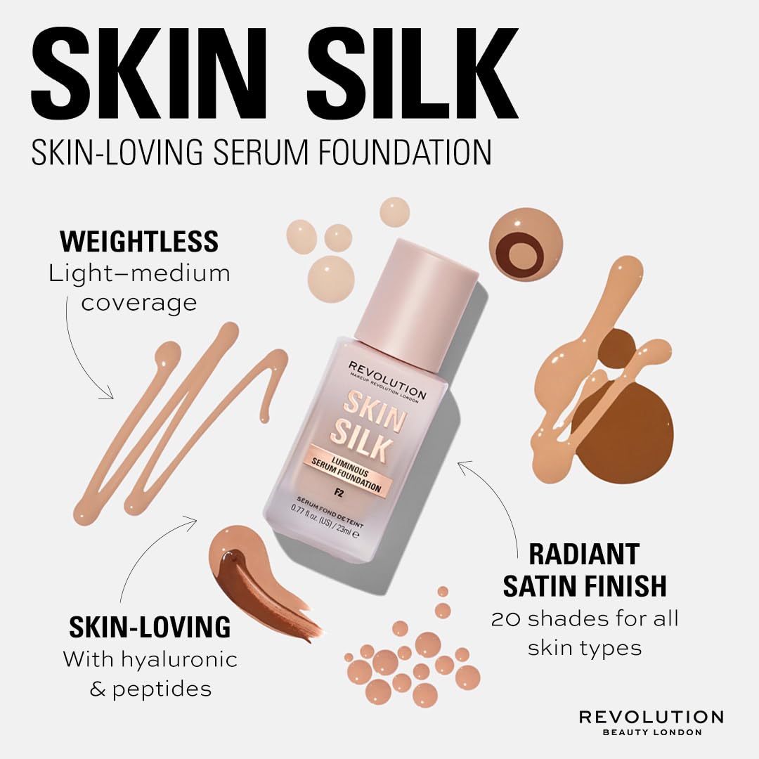 Revolution Beauty Skin Silk Serum Foundation - Light to Medium Coverage, Hydrating & Radiant with Hyaluronic Acid, Shade F4 for Light Skin Tones, 0.77 Fl Oz | Perfect for Daily Wear & Natural Makeup Looks