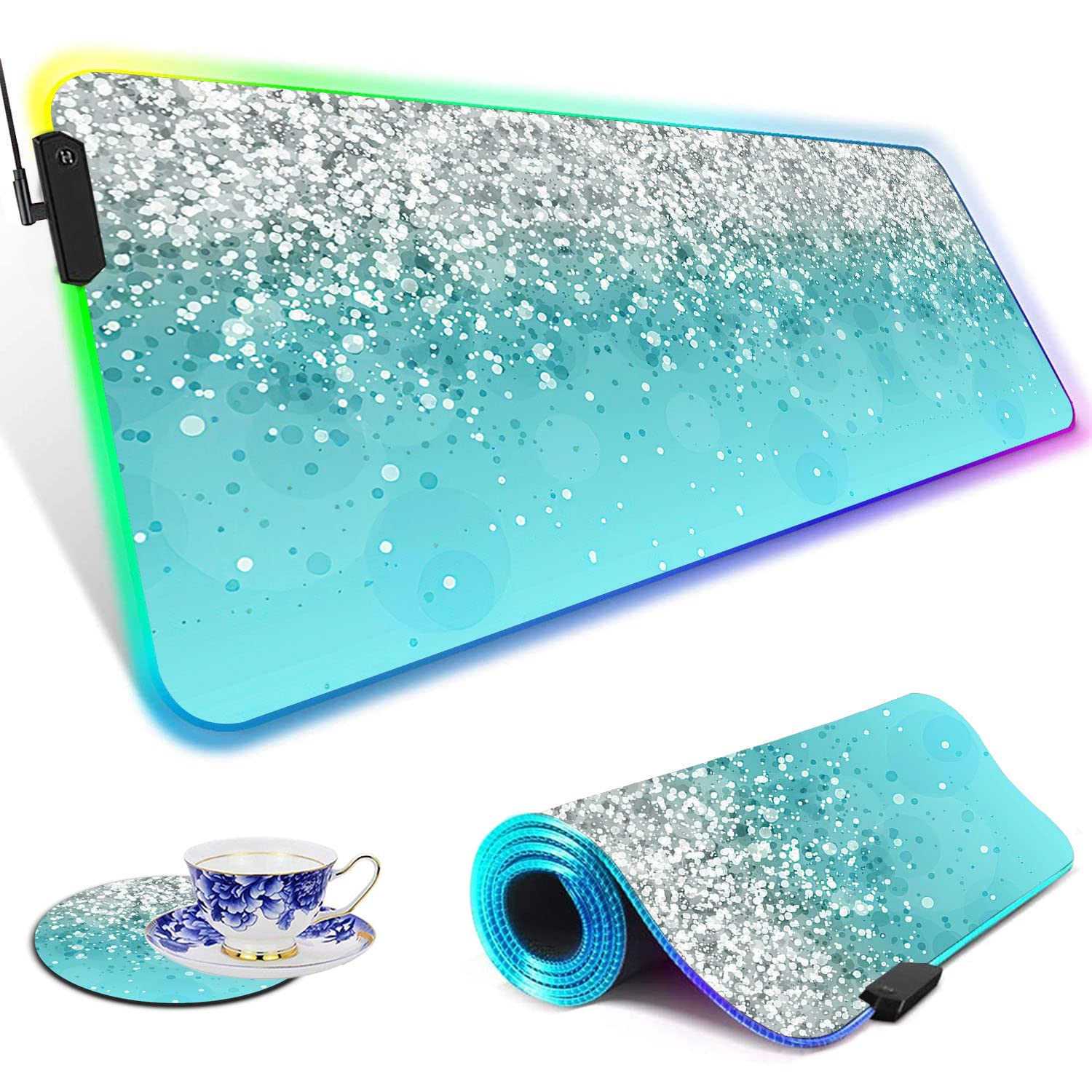 RGB Gaming Mouse Pad with LED Lights - Large Non-Slip Desk Mat for PC & Keyboard - Waterproof Optical Mousepad with Blue Sparkle Glitter Pattern - Perfect for Gaming, Office & Streaming Setup