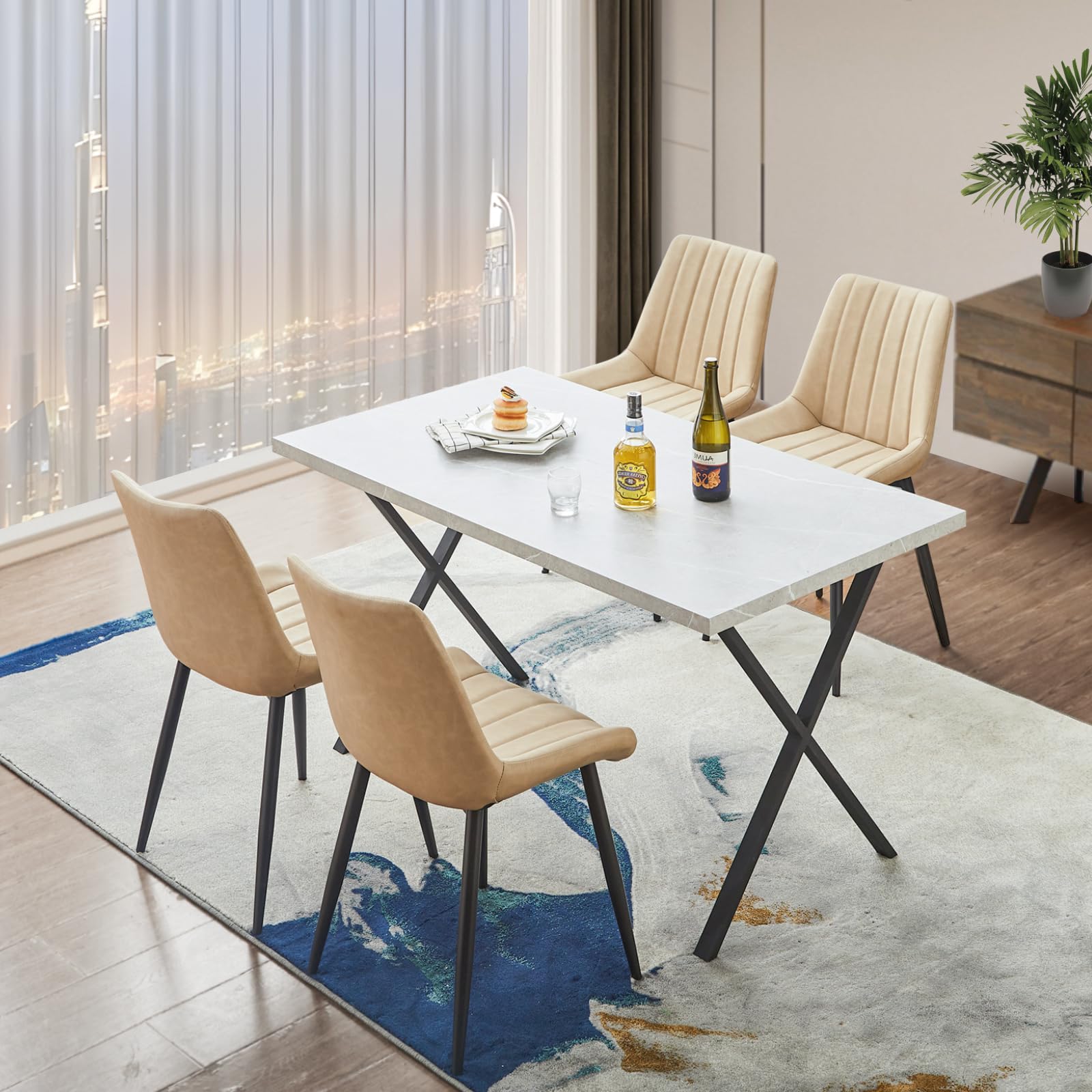 CLIPOP Dining Chairs Set of 4 - Faux Leather Upholstered High Back Kitchen Chairs with Comfy Cushion & Sturdy Metal Legs - Modern Accent Chairs for Dining Room, Living Room, Restaurant & Office Meetings (Khaki) - Perfect for Family Dinners, Coffee Shops and Conference Rooms