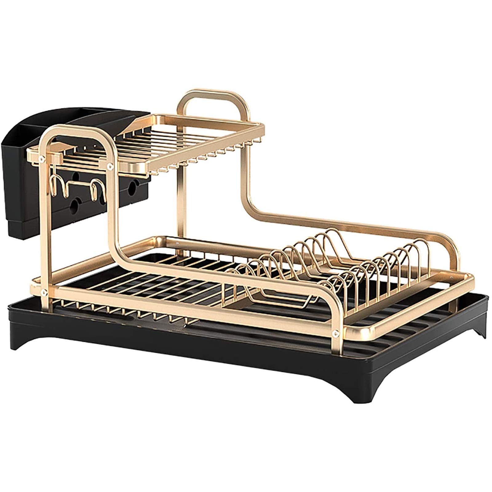 2-Tier Aluminum Dish Drying Rack with Removable Drip Tray & 360° Swivel Drainage - Space-Saving Kitchen Organizer for Plates, Cups & Utensils | Perfect for Small Kitchens, Countertops & Dish Drainage