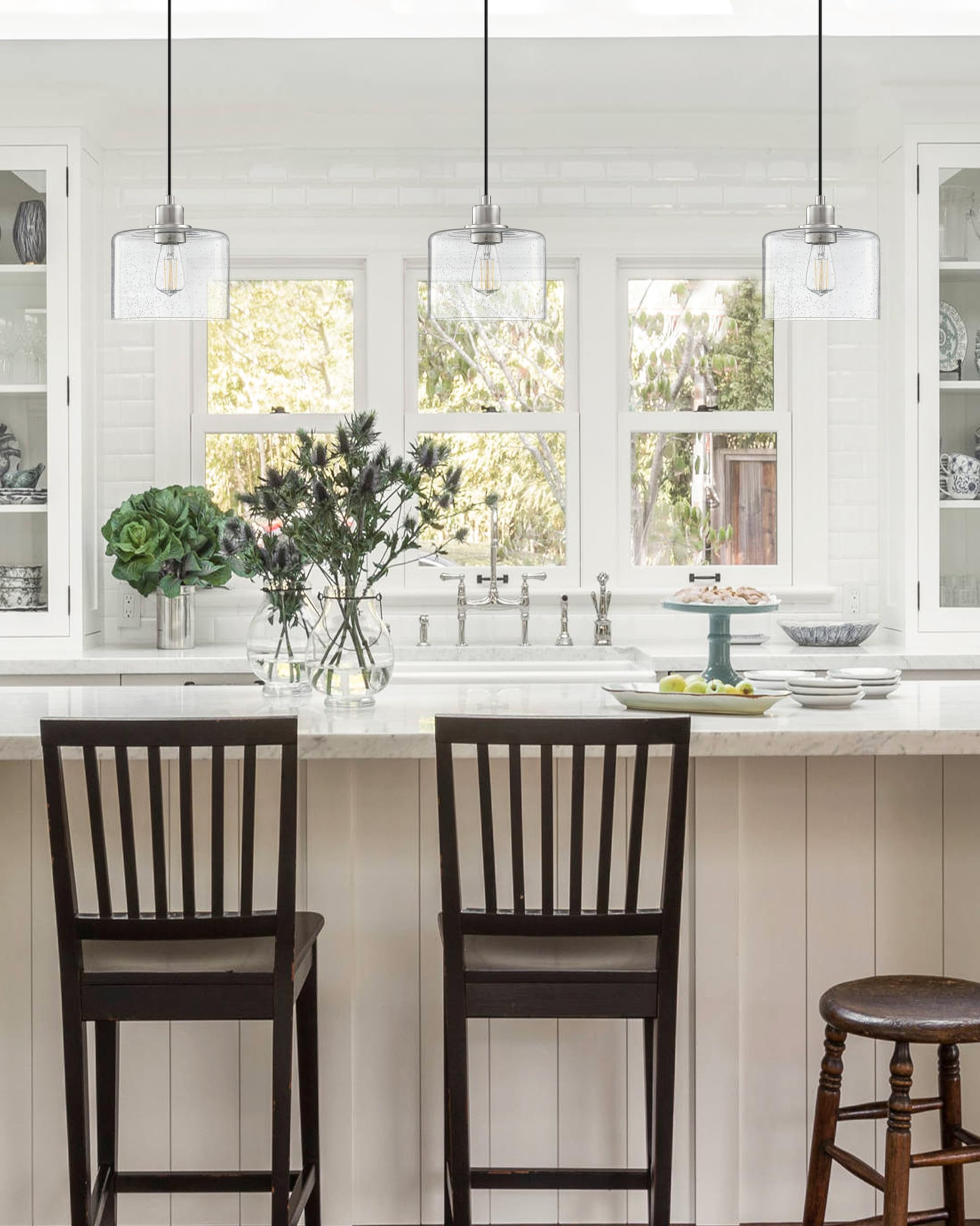 2 Pack Modern Kitchen Island Pendant Lights - 7.3 Inch Seeded Clear Glass with Brushed Nickel Finish - Farmhouse Hanging Light Fixture for Kitchen, Dining Room, Bedroom & Living Room - Perfect for Kitchen Islands, Breakfast Bars, and Home Decor Lighting