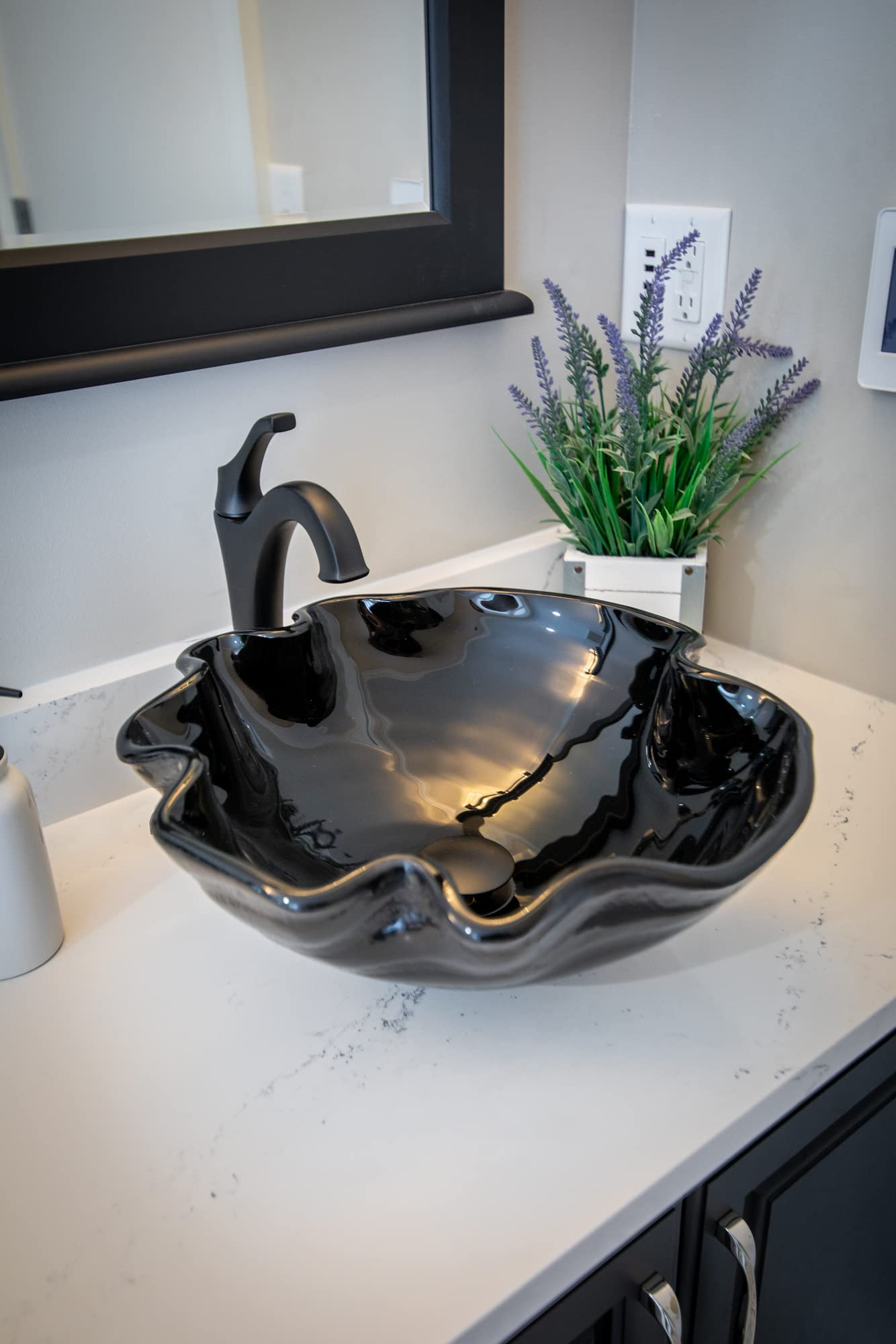 Midnight Wave Glass Vessel Bathroom Sink - Modern Oval Above Counter Basin for Vanity, Powder Room & Luxury Bathroom Decor