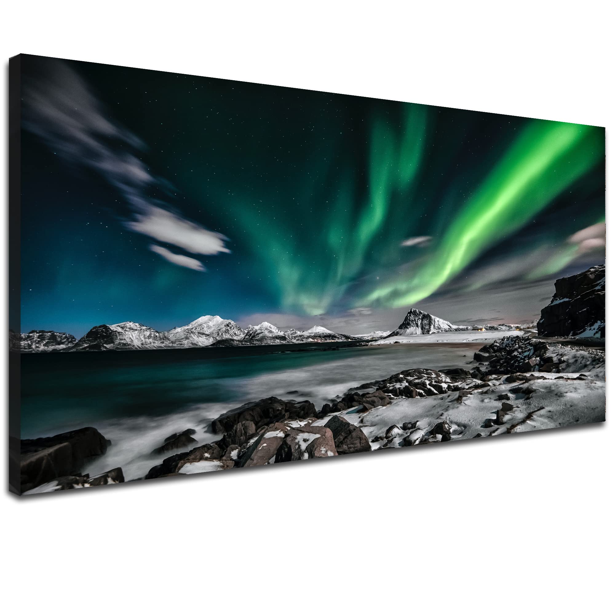 Northern Lights Canvas Print - Large Aurora Borealis Wall Art - Green Aurora Painting for Living Room, Bedroom & Office - Snowy Mountains Landscape Poster - Wooden Framed Ready to Hang (30x60 inches) - Perfect for Home Decor, Gift & Meditation Space - Ideal for Nature Lovers, Yoga Studios and Zen Decor