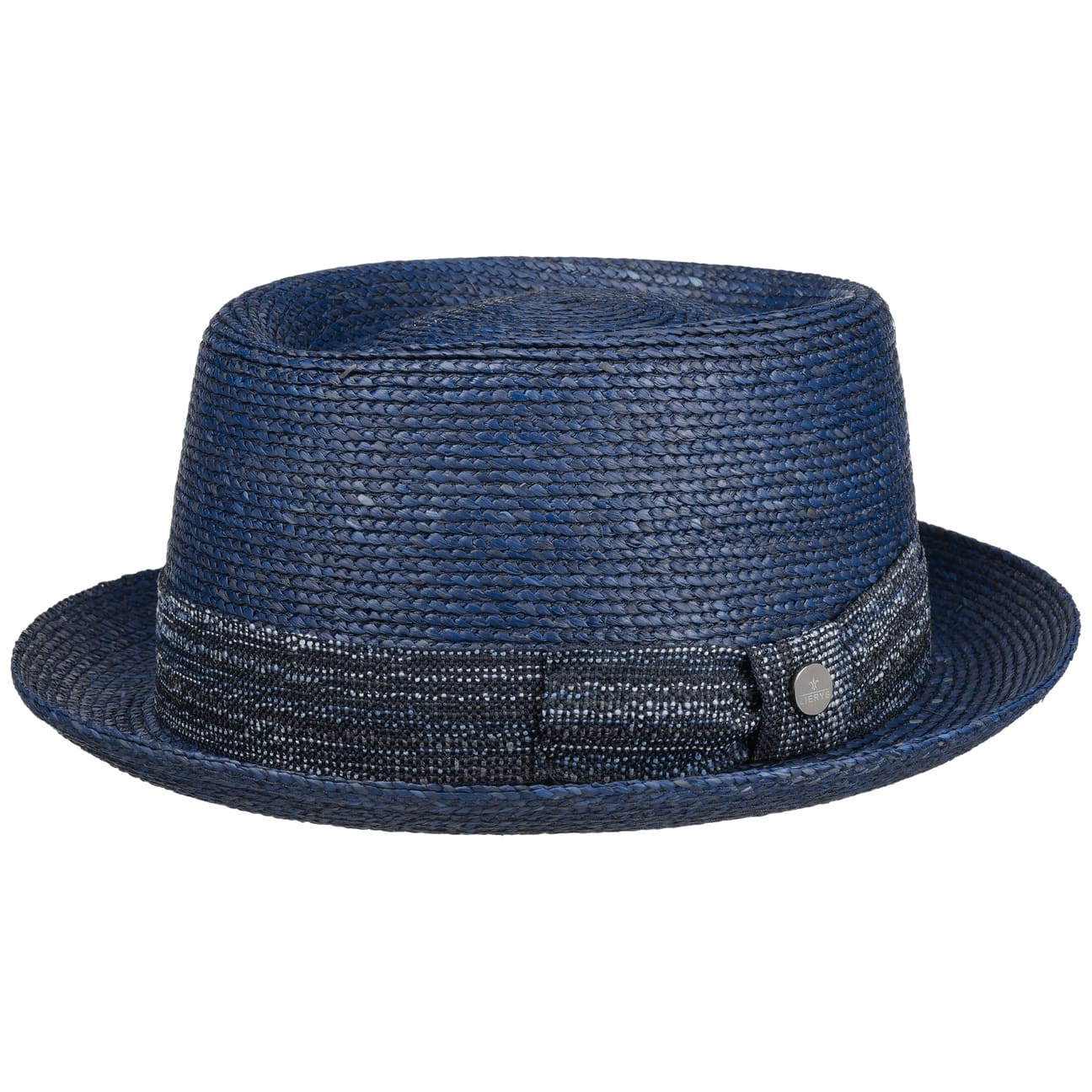 Lierys Blue Raffia Pork Pie Hat - Stylish Summer Sun Hat for Women & Men - Perfect for Beach, Outdoor, and Casual Wear