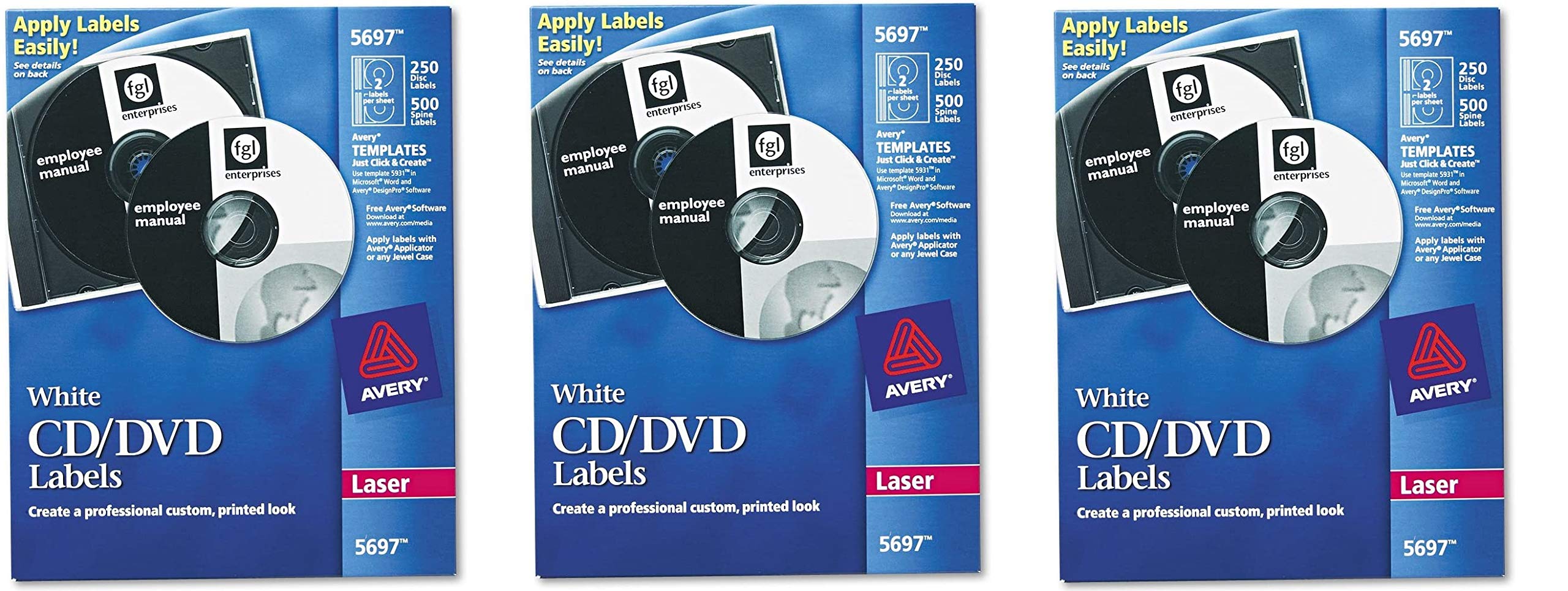 AVERY 5697 Matte White Laser CD Labels - 3 Pack of 250 Sheets - Perfect for Organizing Music, Software & Data Discs - Home Office & Media Storage Solution
