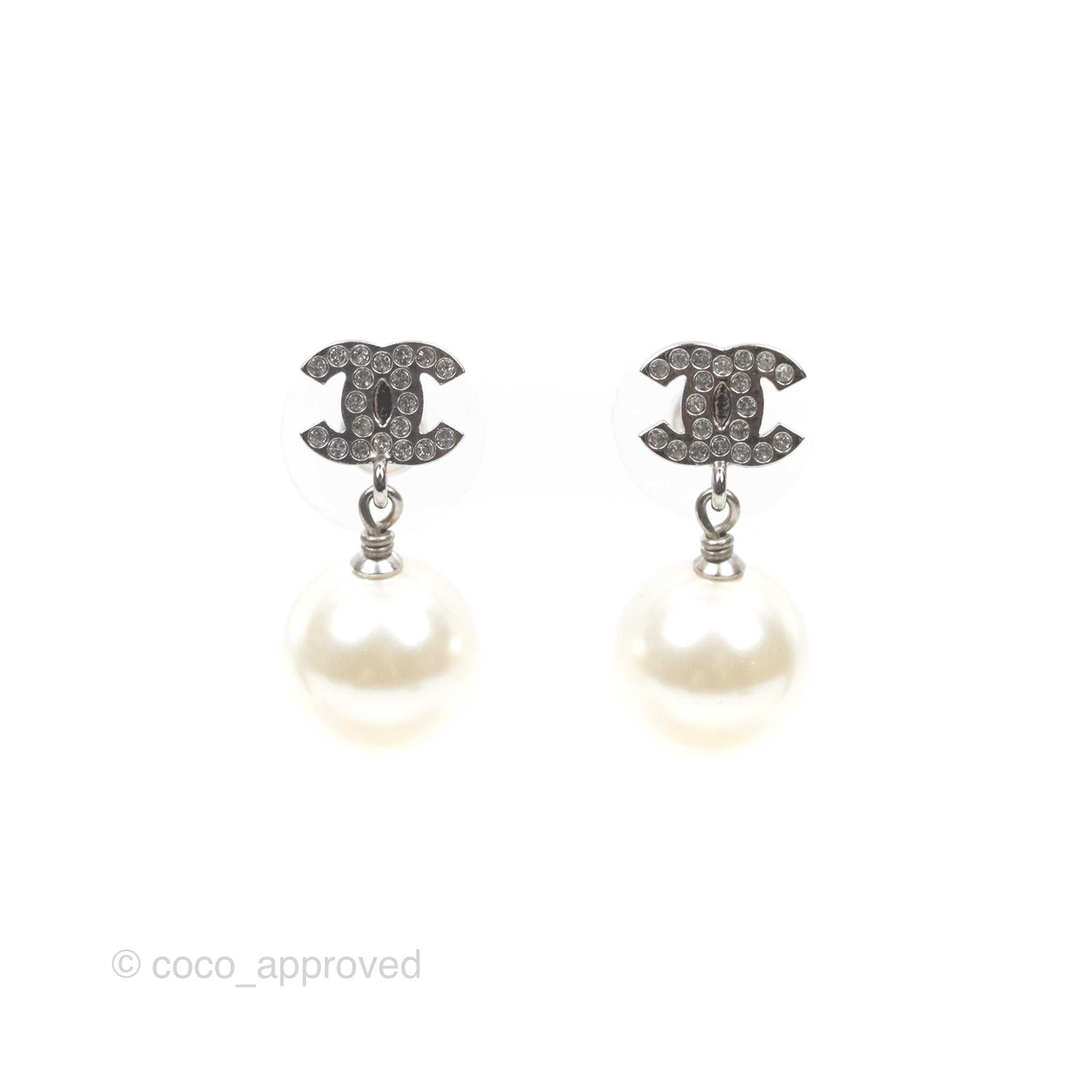 Chanel CC Crystal Pearl Drop Earrings - Silver Tone 23V - Luxury Fashion Jewelry for Women, Perfect for Parties, Weddings & Special Occasions