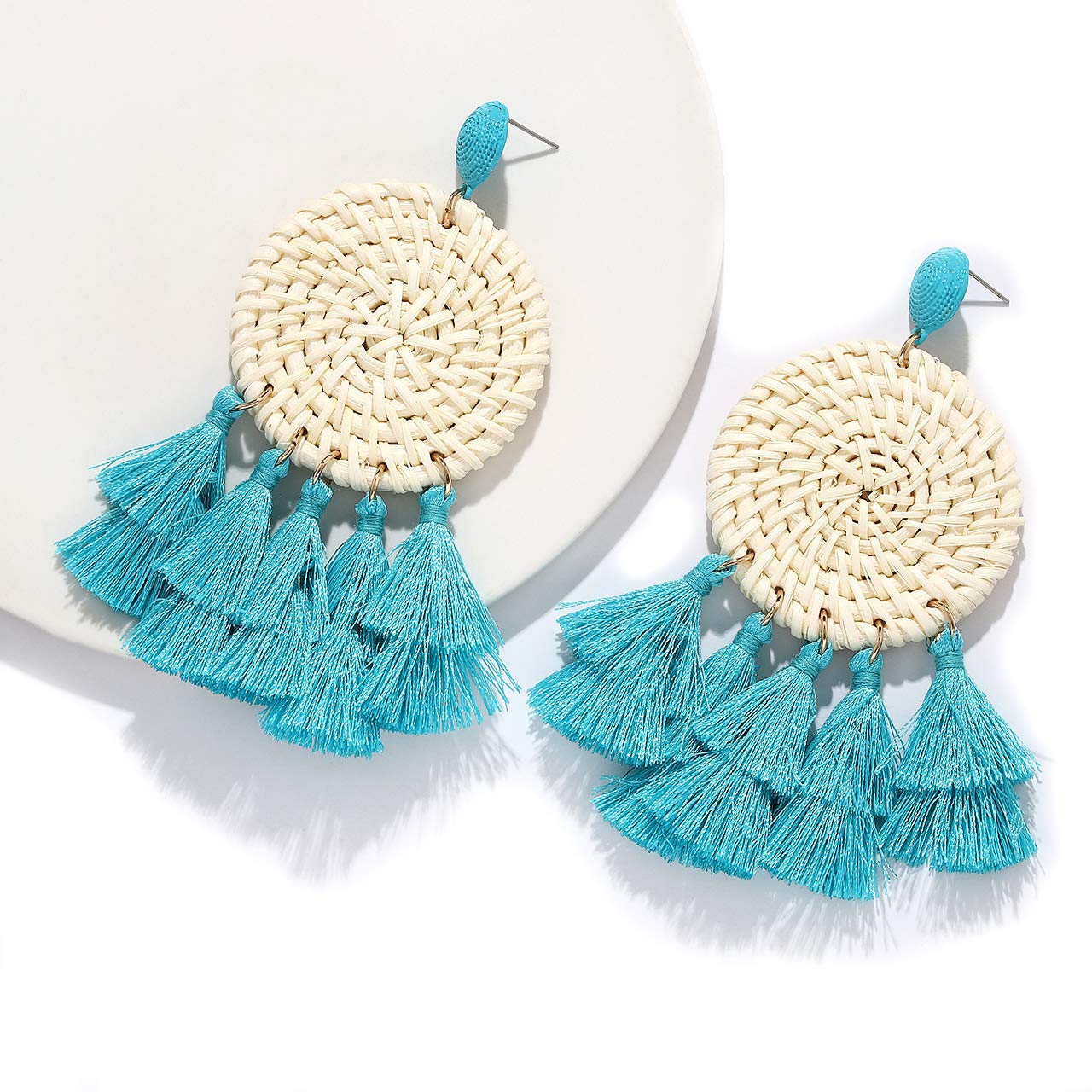 Handmade Bohemian Rattan Earrings for Women - Lightweight Layered Tassel Drop Dangle Earrings with Wicker Straw Texture | Perfect for Summer Festivals, Beach Vacations & Boho Chic Outfits