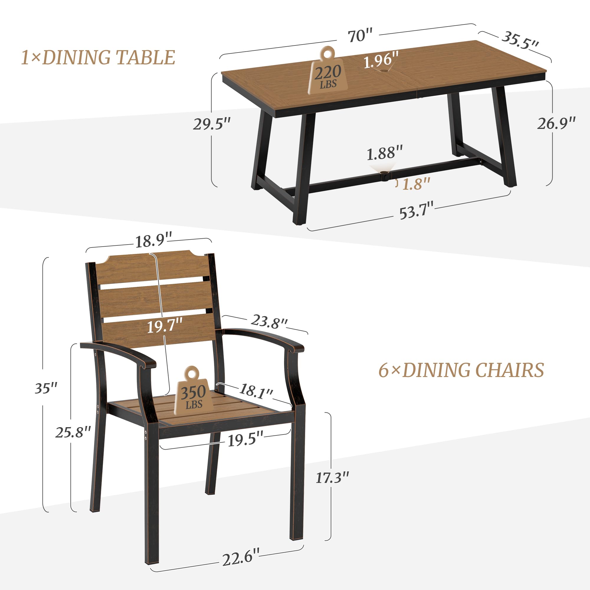 7-Piece Outdoor Patio Dining Set - All-Weather HDPS Table & Chairs with Umbrella Hole - Brown Oil Printed Patio Furniture for Backyard, Garden & Poolside Relaxation