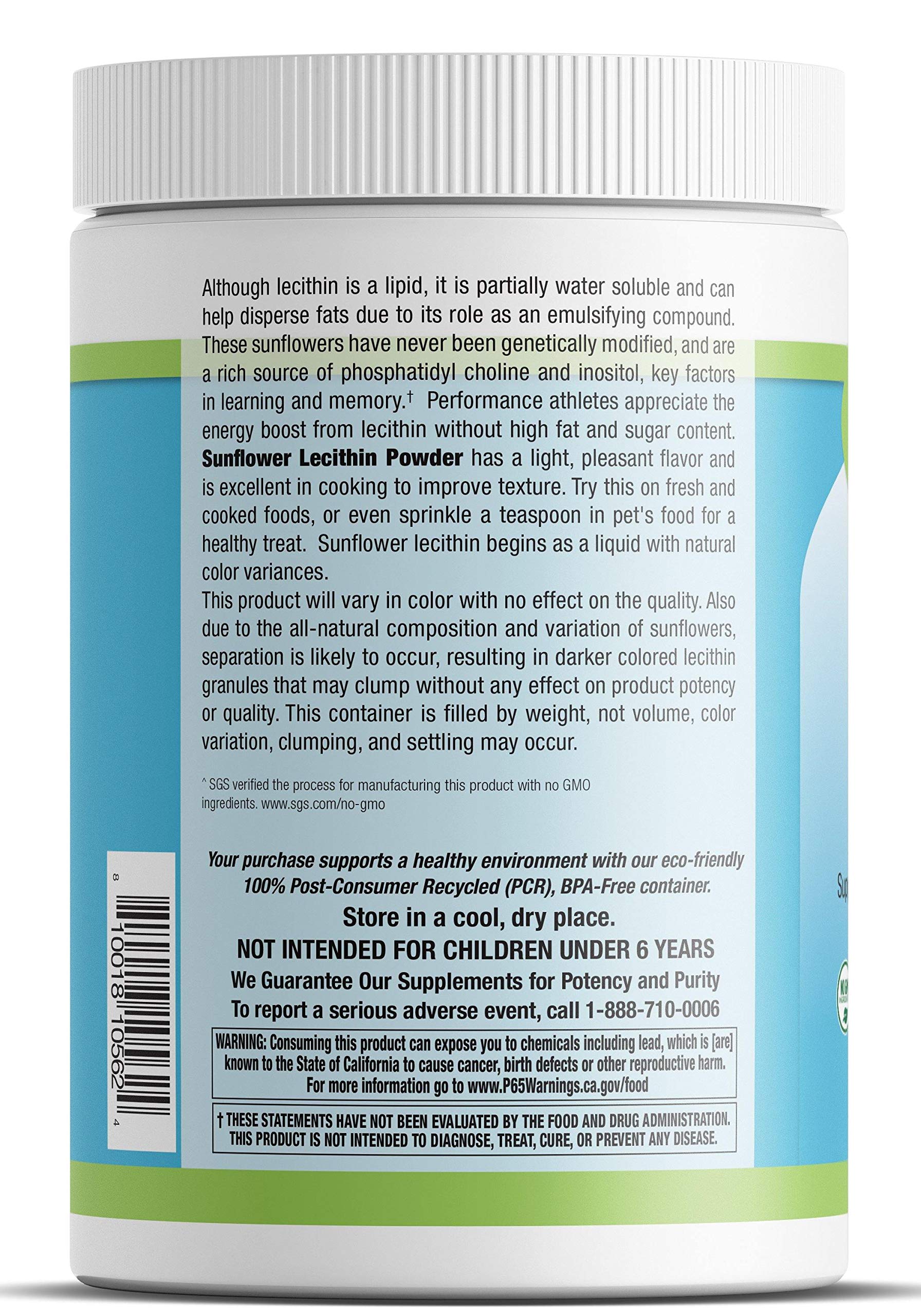 Organic Sunflower Lecithin Powder - Non-GMO, 16oz (454g) Bulk - Natural Emulsifier for Baking, Smoothies & Supplement Use - Vegan, Gluten-Free - Supports Brain & Liver Health