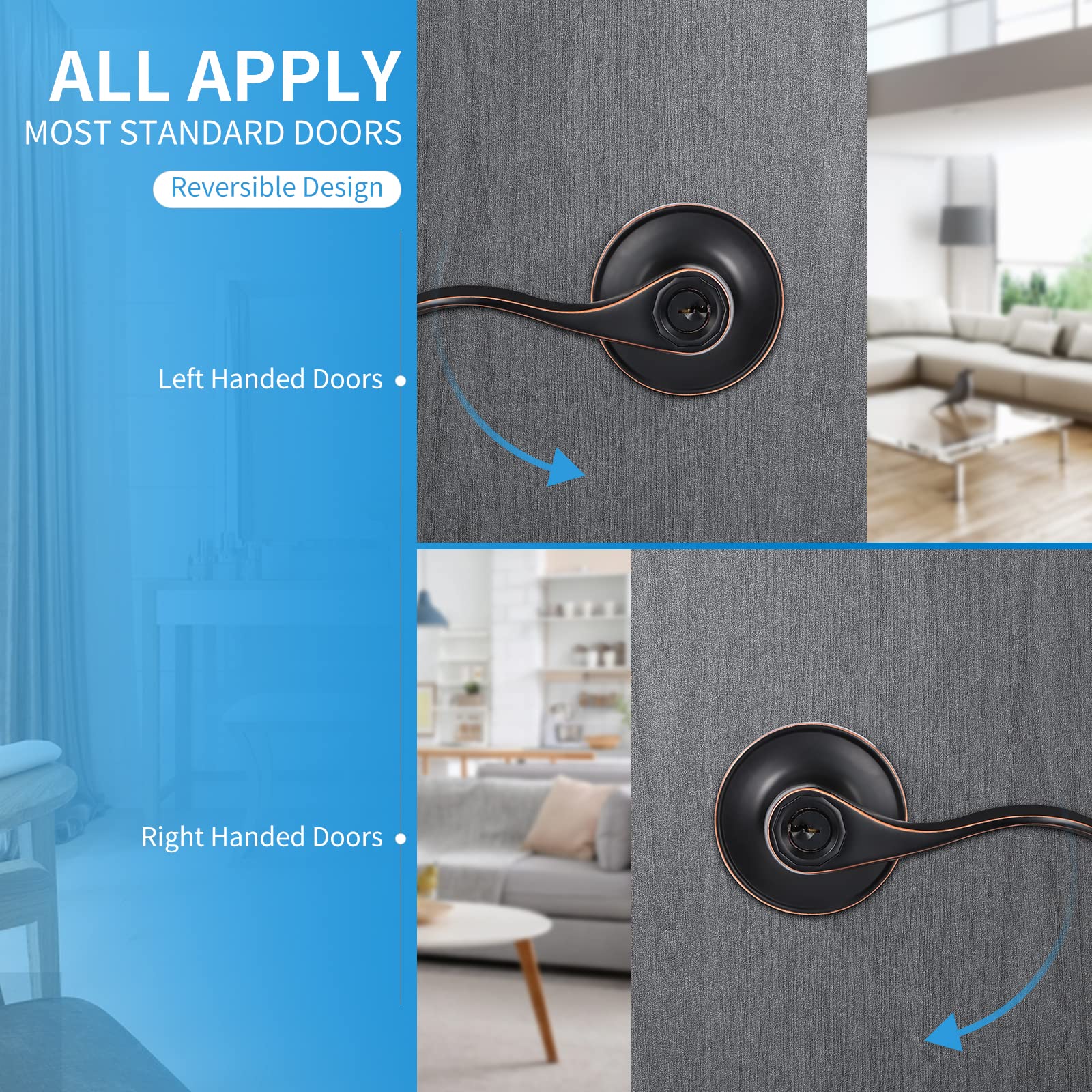 10 Pack Interior Door Handles with Lock and Keys - Keyed Alike Bedroom & Bathroom Door Knobs Set - Oil Rubbed Bronze Finish - Right/Left Handed Lever Door Locks for Home, Office & Apartment Security