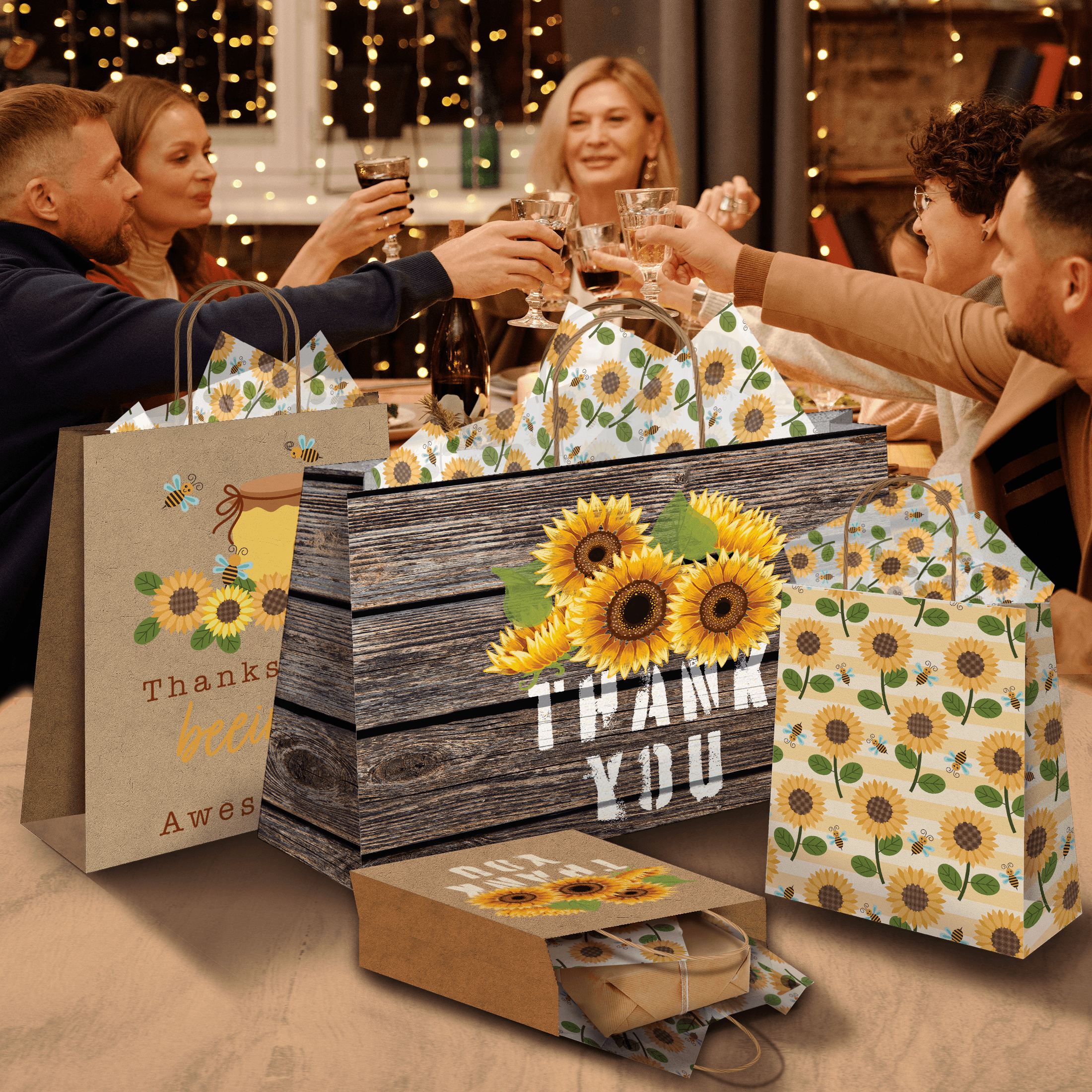 Eco-Friendly Sunflower Kraft Gift Bags - Assorted Sizes (5-Pack) - Perfect for Birthday Parties, Baby Showers & Wedding Favors