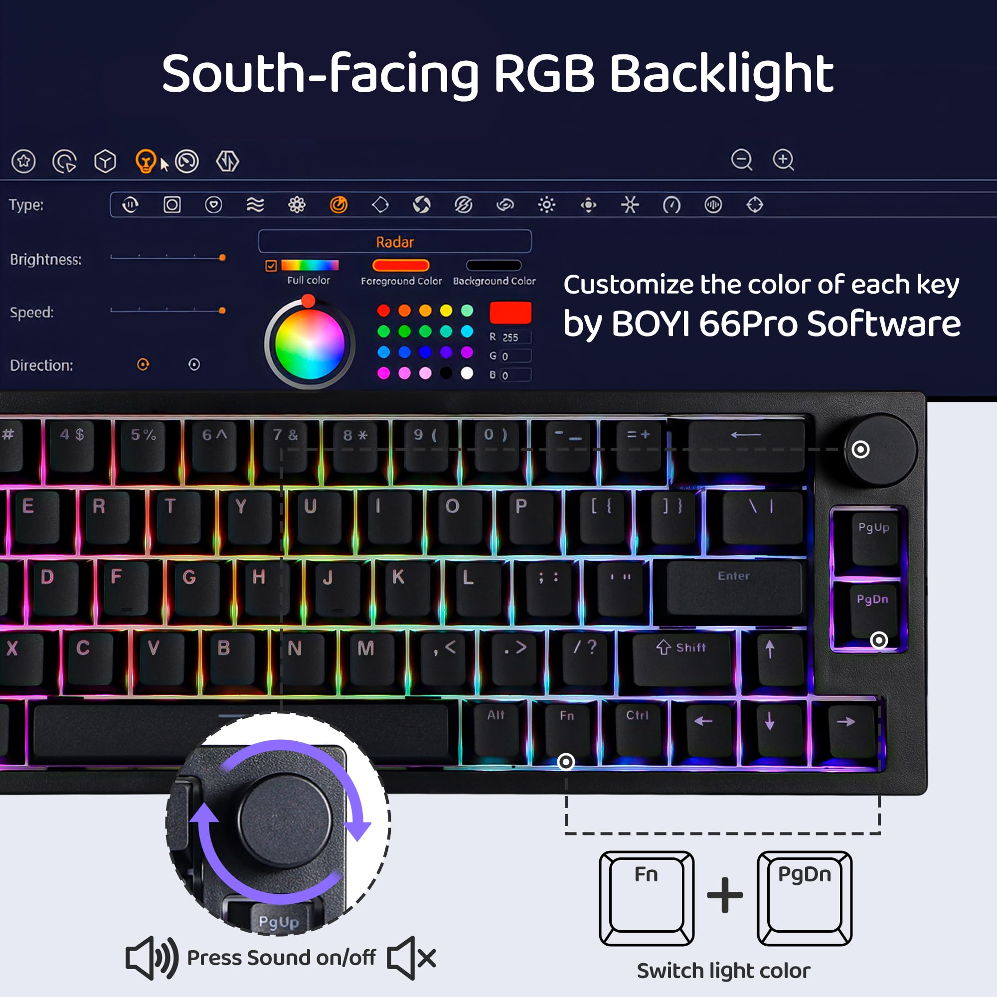 BOYI 66Pro Magnetic Switch 65% Mechanical Gaming Keyboard - Hall Effect, Gasket-Mounted, RGB Backlit, Hot-Swappable, Rapid Trigger, Adjustable Actuation - Wired Compact Keyboard with Volume Knob (Black) for PC, Mac, PS5, Xbox & Esports Gaming