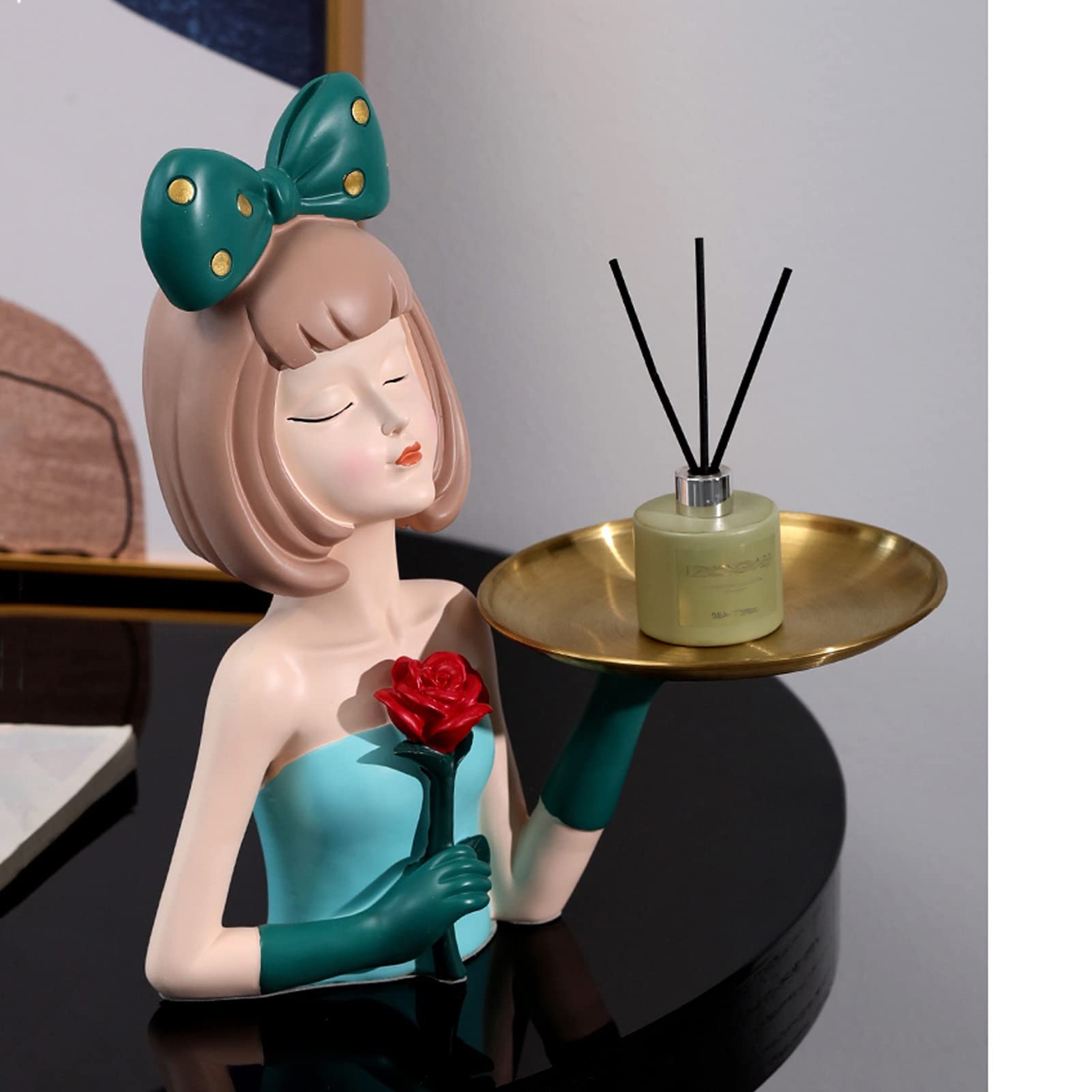 Cute Green Resin Girl Sculpture Storage Box with Tray - Modern Home & Office Desk Decor for Jewelry, Keys, Candy Organization | Creative Gift Idea for Women & Girls