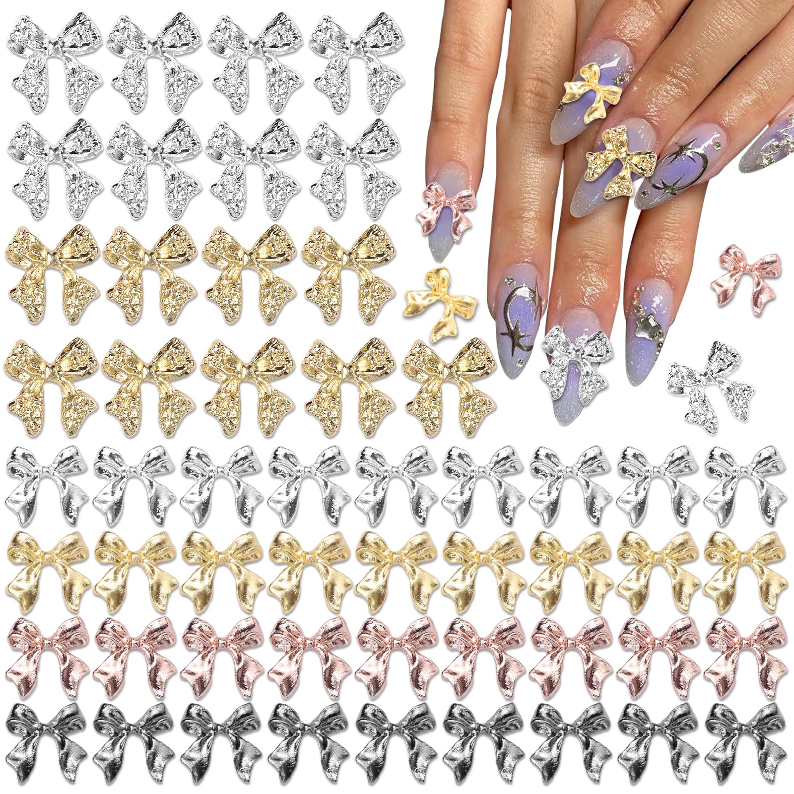 60 Pcs Metal Bow Nail Charms - 3D Golden Silver Gray Alloy Bowknots for Acrylic Nails DIY - Luxury Shiny Bow Tie Nail Gems - Perfect for Nail Art, Manicures, and Professional Salon Use