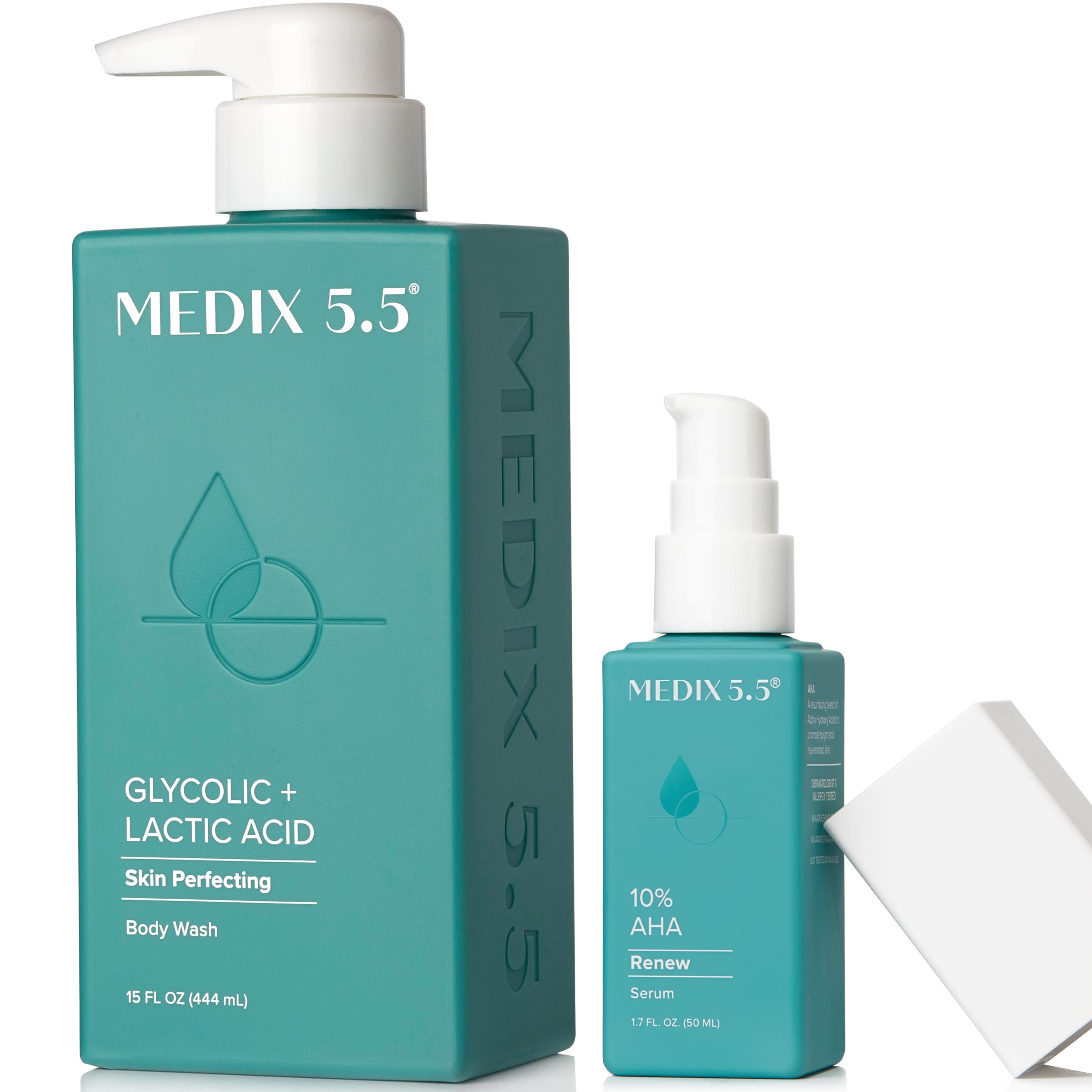 Medix 20% Glycolic Acid Exfoliating Body Wash & AHA Booster Serum 2-Piece Set - Smooths Dry Skin, Reduces Bumps & Wrinkles for Soft, Glowing Skin | Perfect for Shower Routine & Post-Workout Skincare