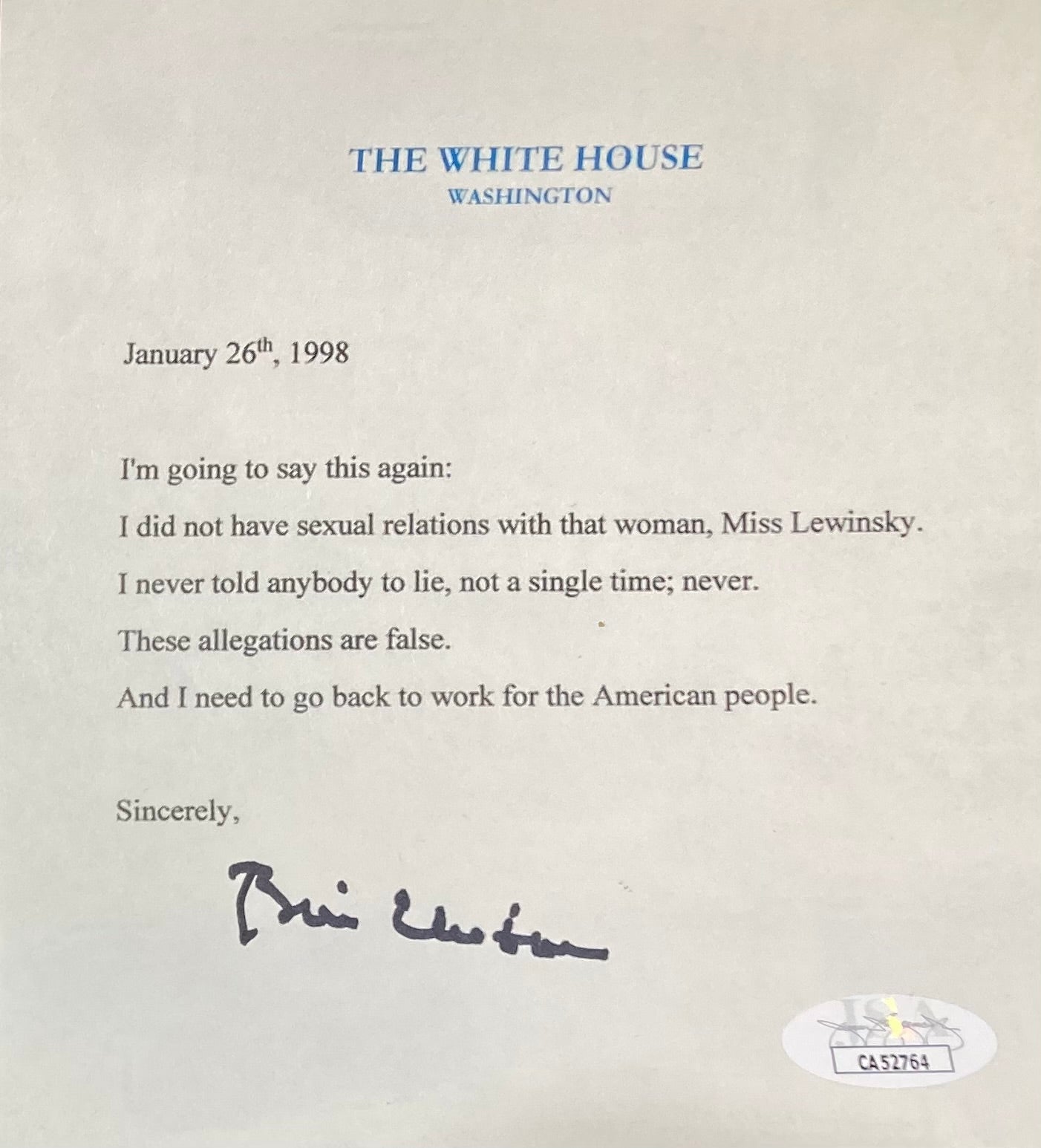 Authentic Bill Clinton Signed 5x6 Mock White House Letter - JSA Certified - Perfect for Collectors, History Enthusiasts & Political Memorabilia Displays