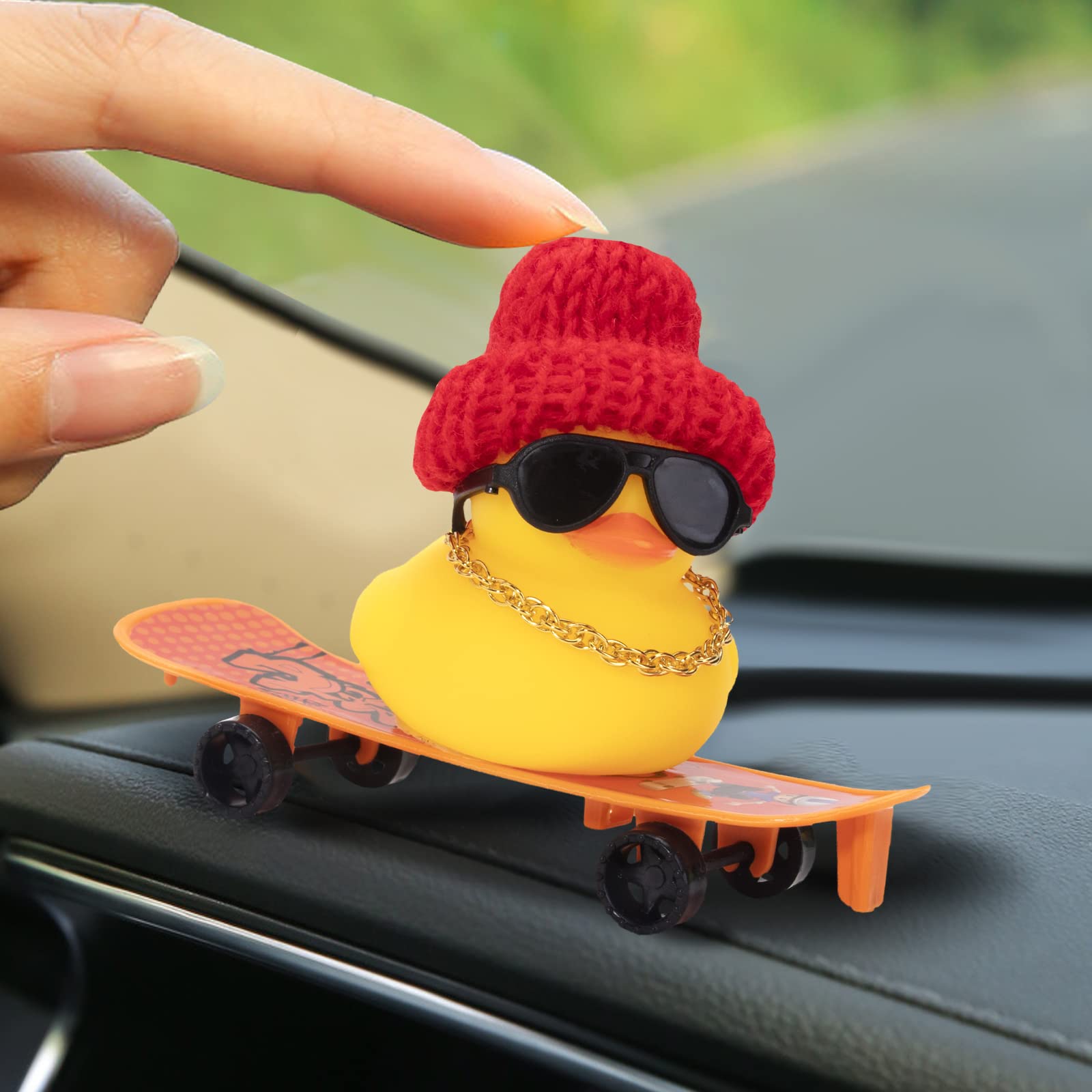 Wonuu Car Duck Ornament - Rubber Duck Dashboard Decoration with Mini Hat, Necklace, Sunglasses, Chair & Skateboard - Perfect for Car Accessories, Gift Ideas, and Office Desk Fun