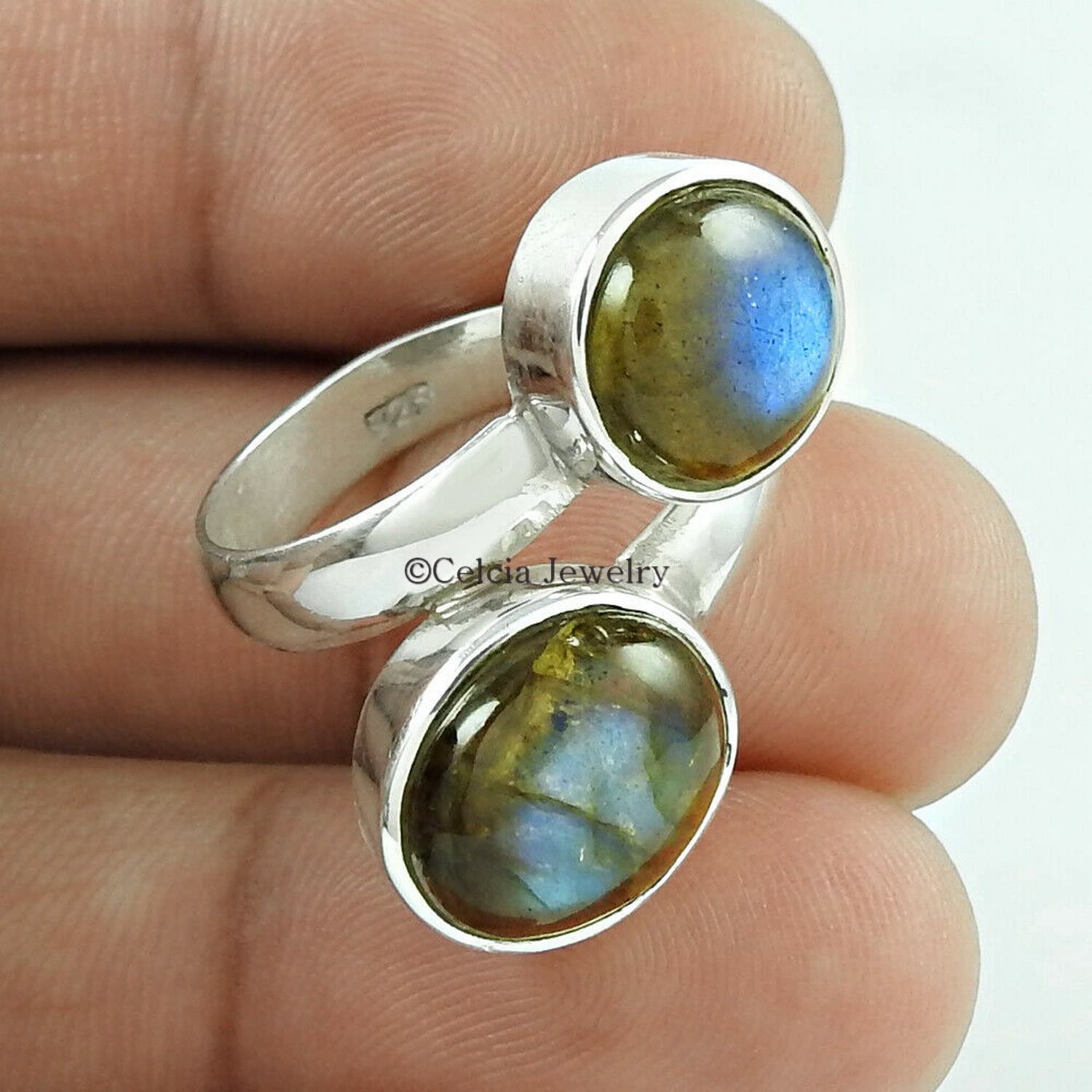 Genuine Labradorite Stackable Round Ring - 2 Stone Blue Fire Ring, Dainty Cocktail Ring, Bohemian Pinky Ring - June Birthstone Jewelry, Good Friday Gift (Size 7) - Perfect for Weddings, Parties & Everyday Boho Style