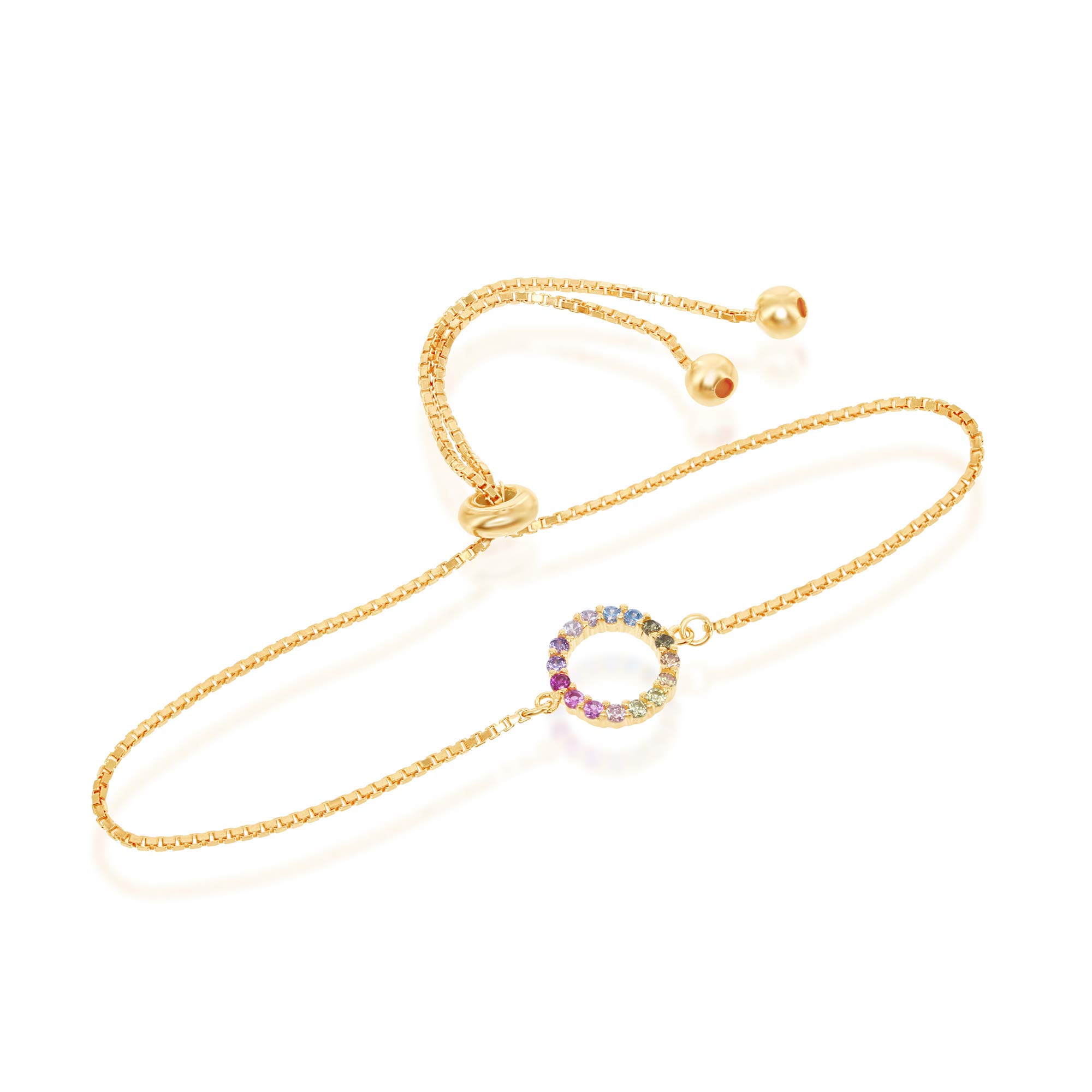 Sterling Silver, Rose Gold or Gold Plated Open Circle of Life Rainbow CZ Adjustable Bolo Bracelet for Women - Boho Chic Jewelry Gift for Birthday, Anniversary & Everyday Wear