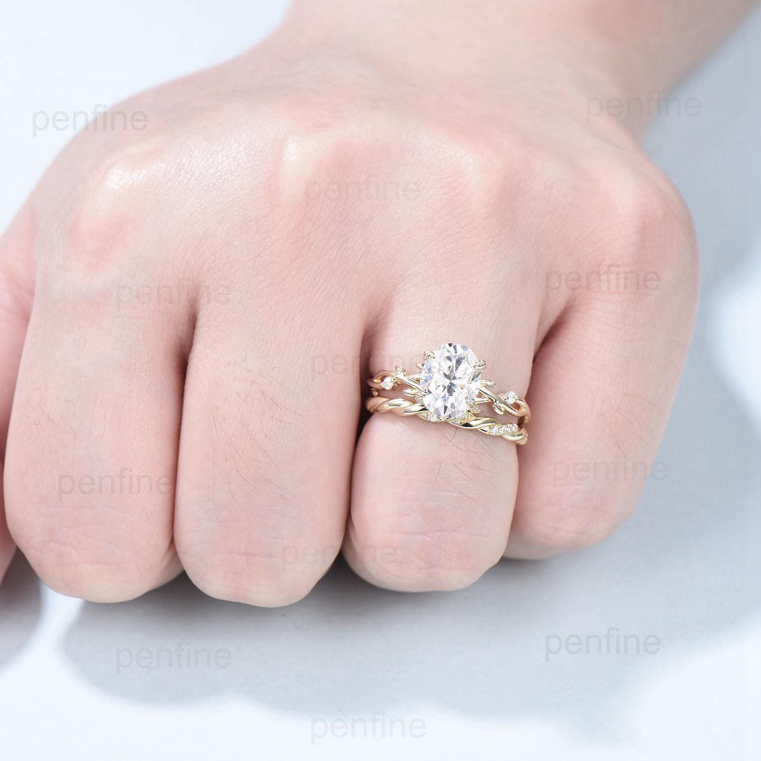 14K Yellow Gold Oval Moissanite Engagement Ring Set with Lab-Grown Diamonds | Twig Wedding Band | Salt & Pepper Bridal Jewelry for Women | Perfect for Proposals, Anniversaries & Special Occasions