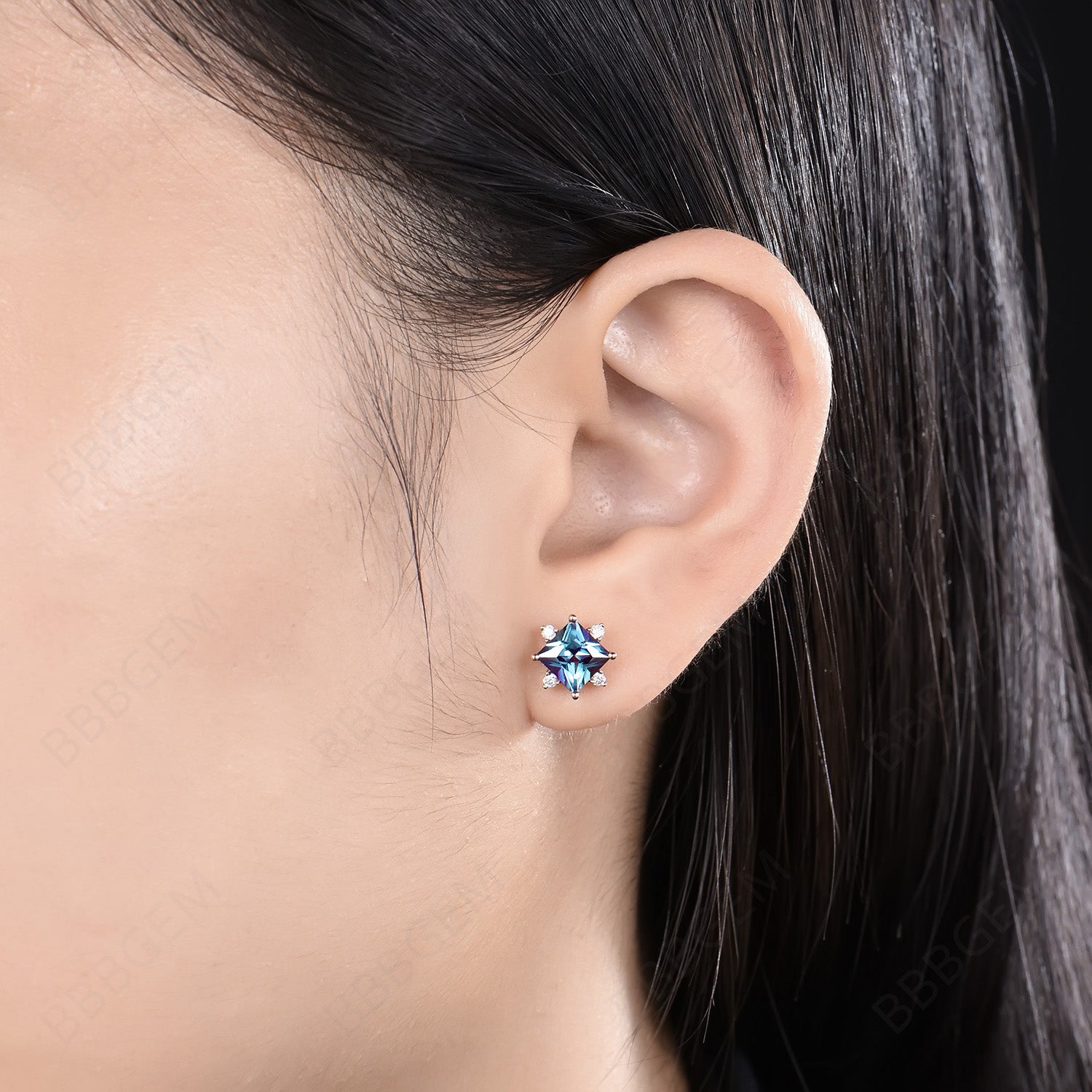 Princess Cut Alexandrite Stud Earrings - June Birthstone Flower Earrings for Women | Minimalist Wedding Jewelry, Anniversary Gift & Everyday Wear