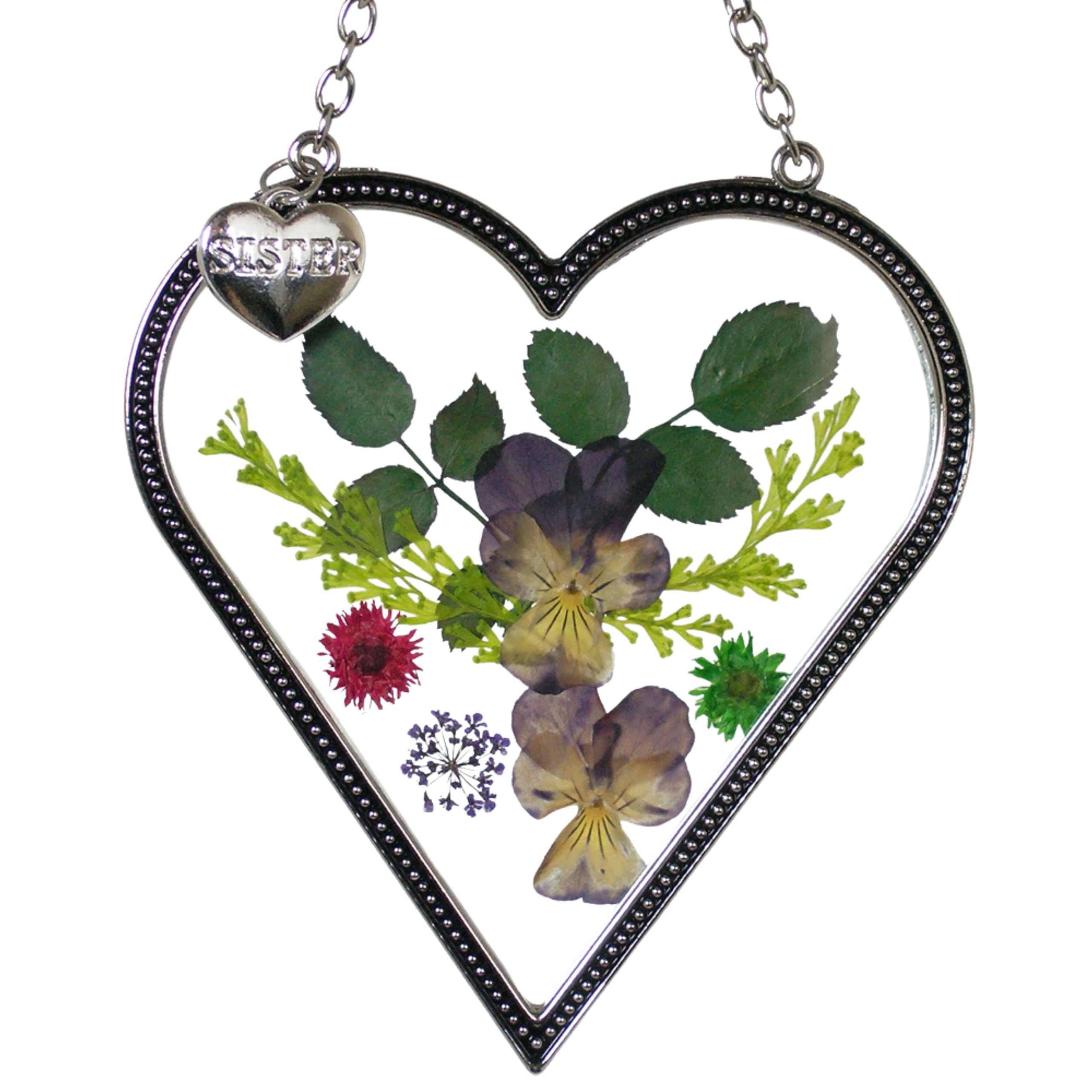 Sister Suncatcher Gift - Heart Glass with Pressed Flowers - 4 Inch - Perfect for Sister's Birthday & Home Decor