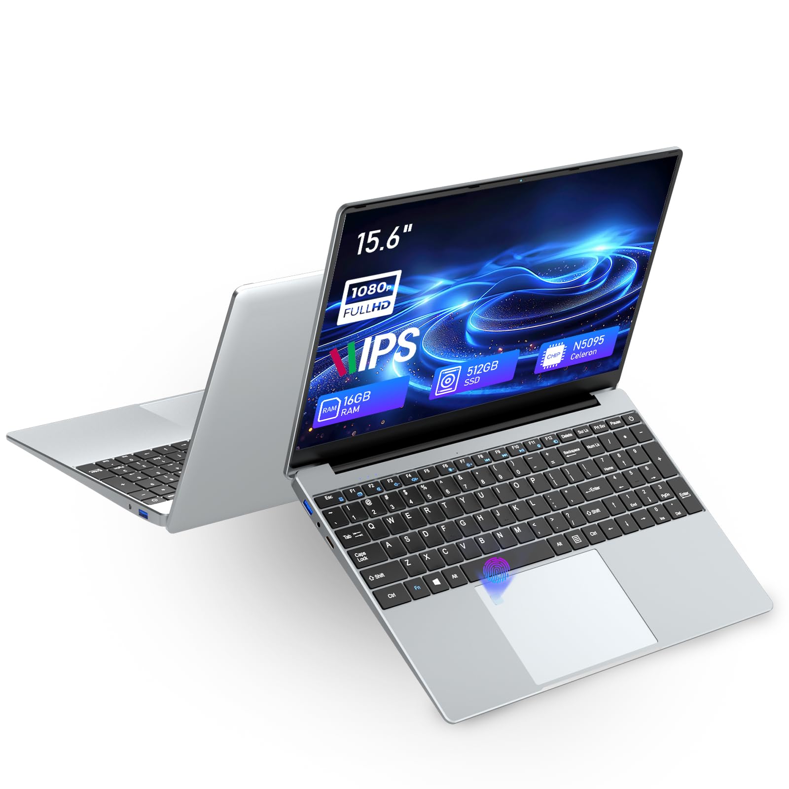 15.6 Inch Gaming Laptop with Celeron N5095 Processor, 16GB RAM, 512GB SSD, FHD 1920x1080 Display, 180° Hinge, Fingerprint Unlock & Backlit Keyboard - Perfect for Gaming, Work & Study
