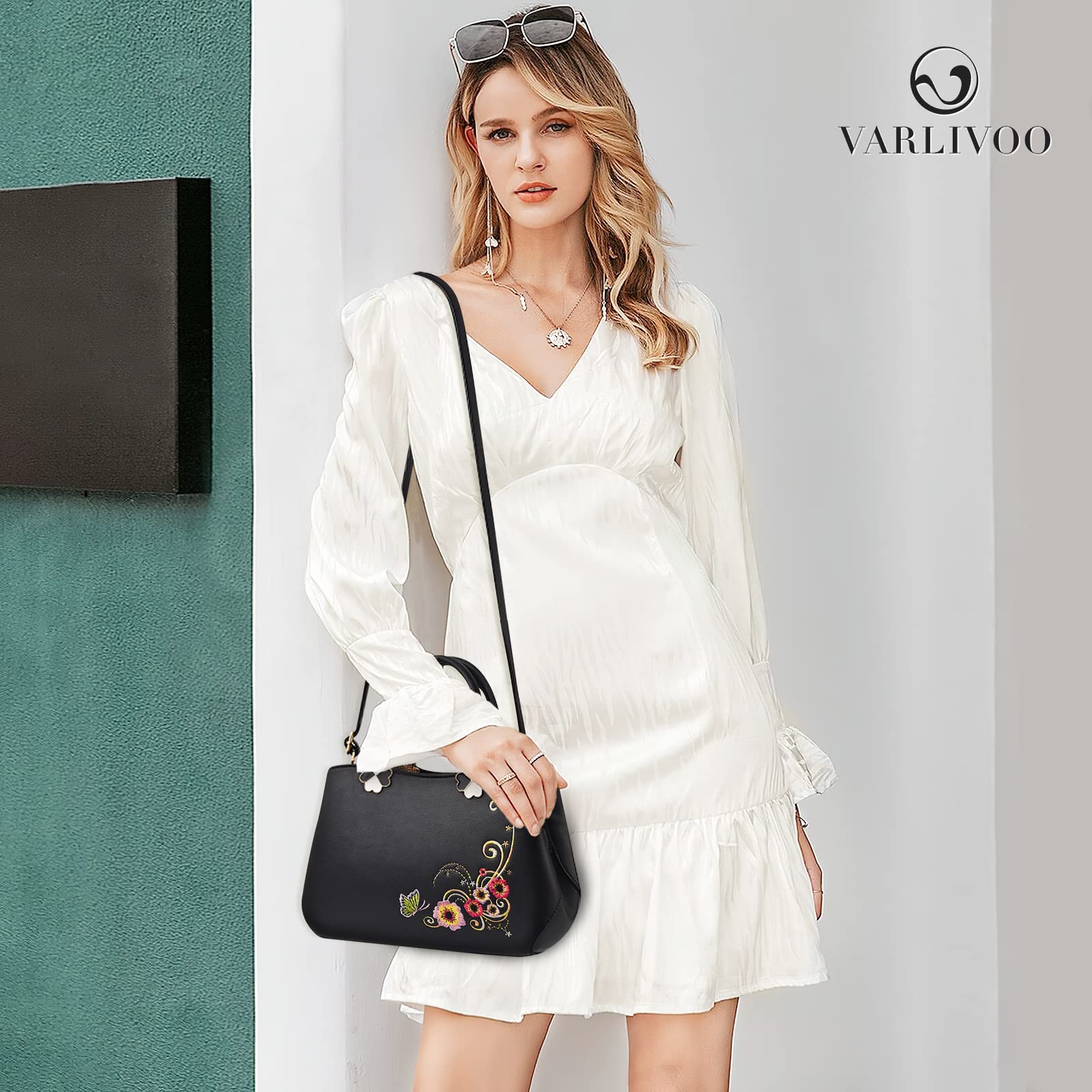 Elegant Women's Handbag - Top Handle Embroidery Shoulder Bag Crossbody Purse for Work, Travel & Shopping - PU Leather Black (Perfect for Office, Parties & Daily Use)