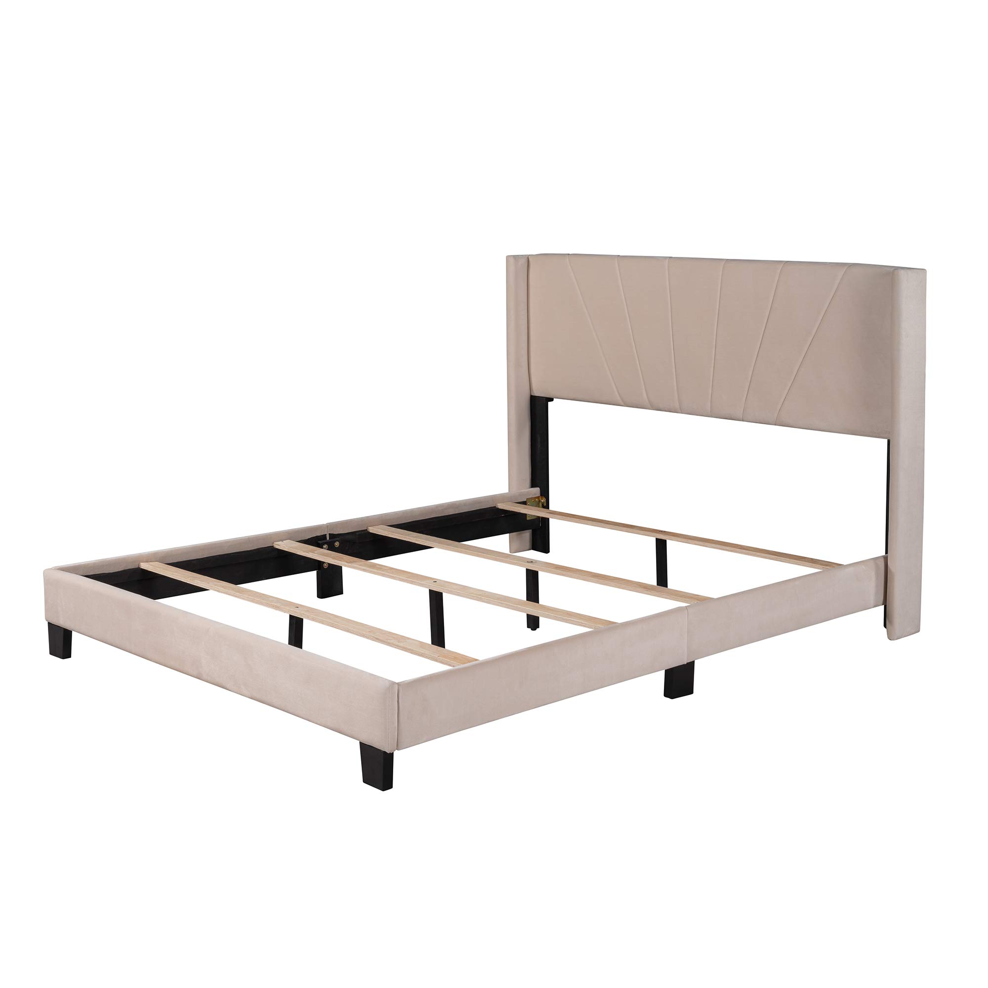 Rhomtree Velvet Upholstered Queen Size Platform Bed Frame with Wingback Headboard - No Box Spring Needed, Easy Assembly, Beige - Perfect for Modern Bedrooms & Guest Rooms