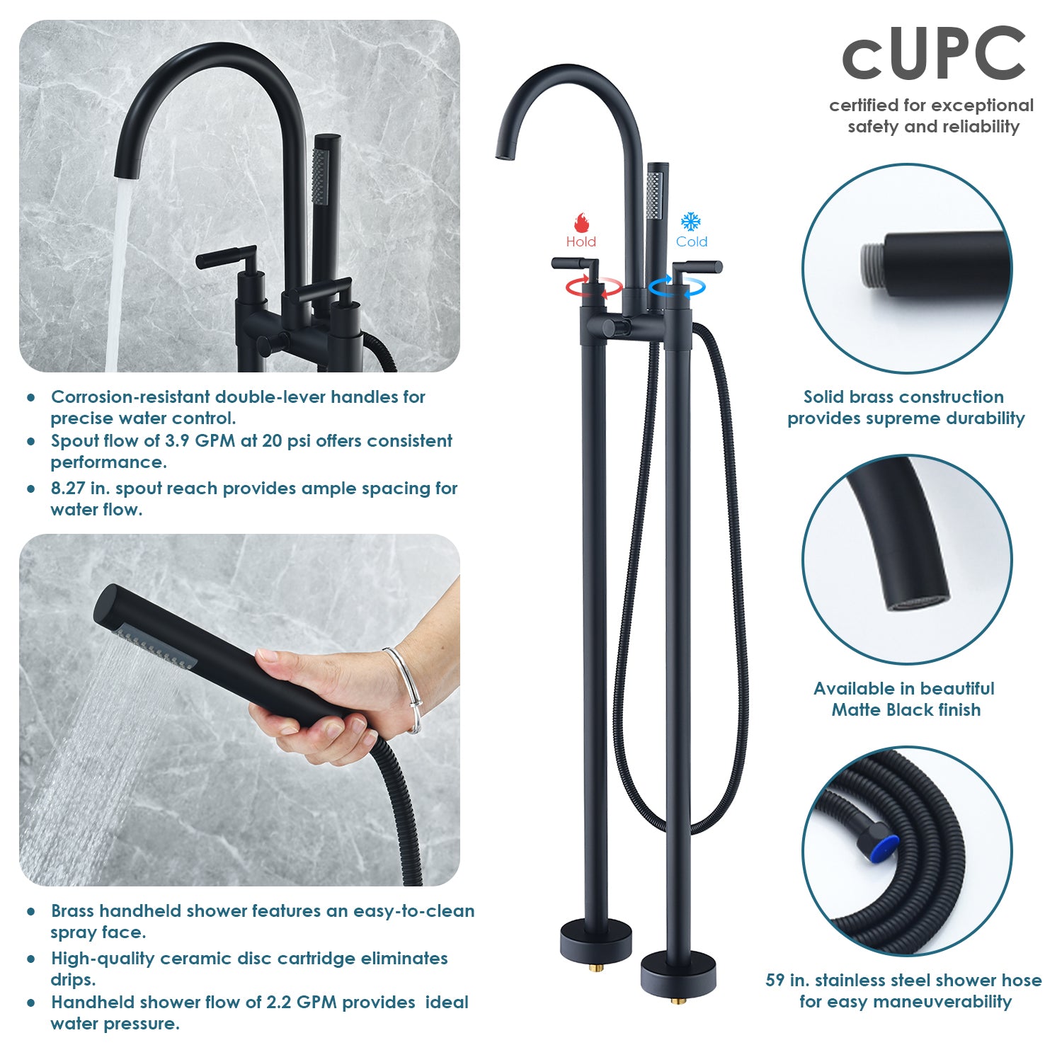 Gnosall Freestanding Bathtub Faucet with Double Lever Handle & Hand Shower - Floor Mounted Tub Filler for Luxury Bathroom & Spa Experience