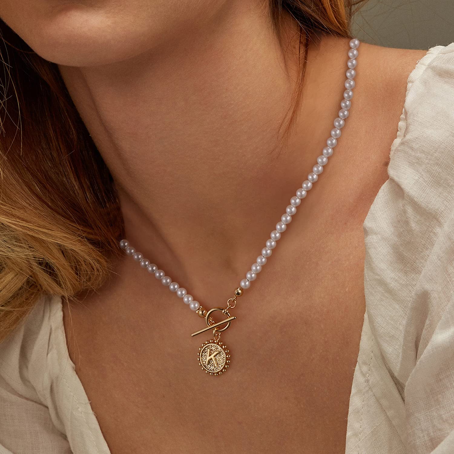 Elegant Initial K Pearl Choker Necklace for Women - 4MM Simulated Pearl, 14K Gold Plated Toggle Clasp, Handmade Dainty Jewelry with Coin Pendant - Perfect for Gifts, Date Nights & Special Occasions