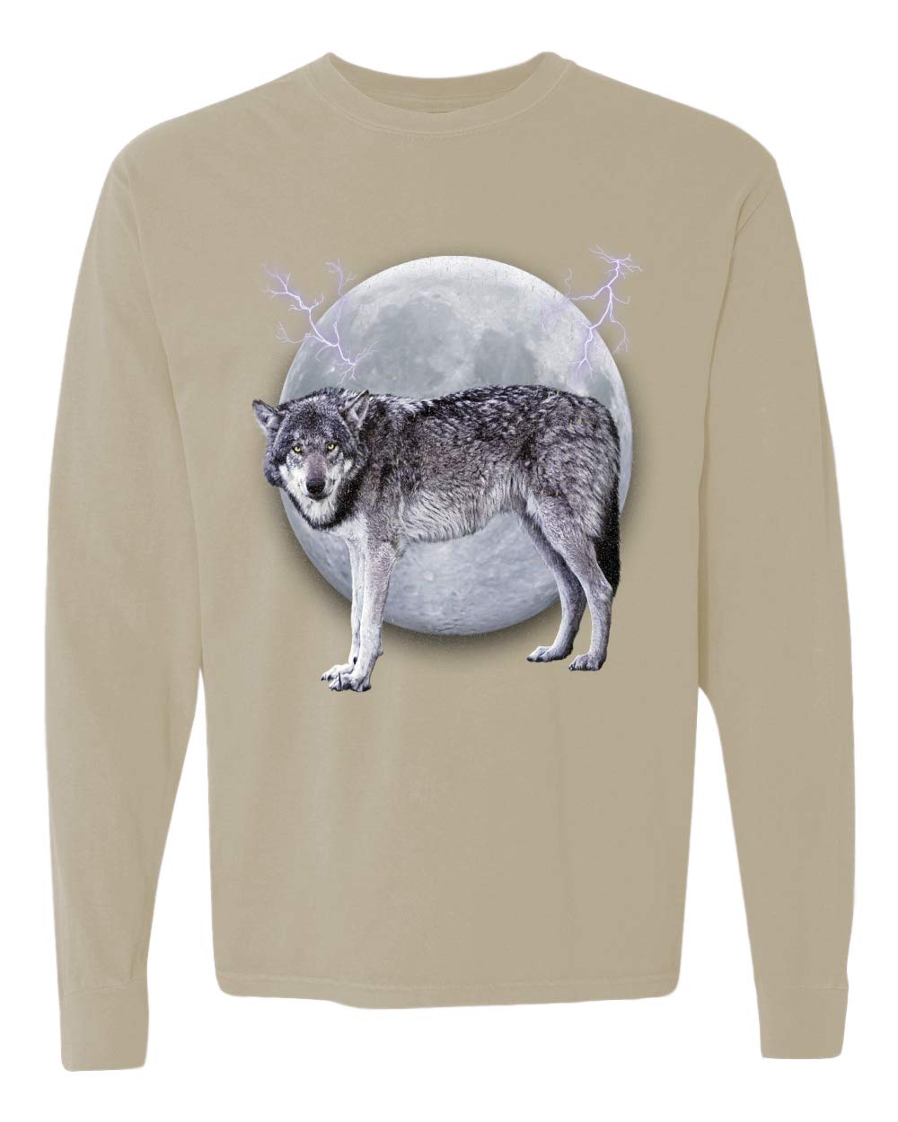 Full Moon Dire Snow Wolf Graphic Long Sleeve T-Shirt for Animal Lovers - Garment-Dyed Washed Vintage Look - Perfect for Outdoor Adventures & Casual Wear