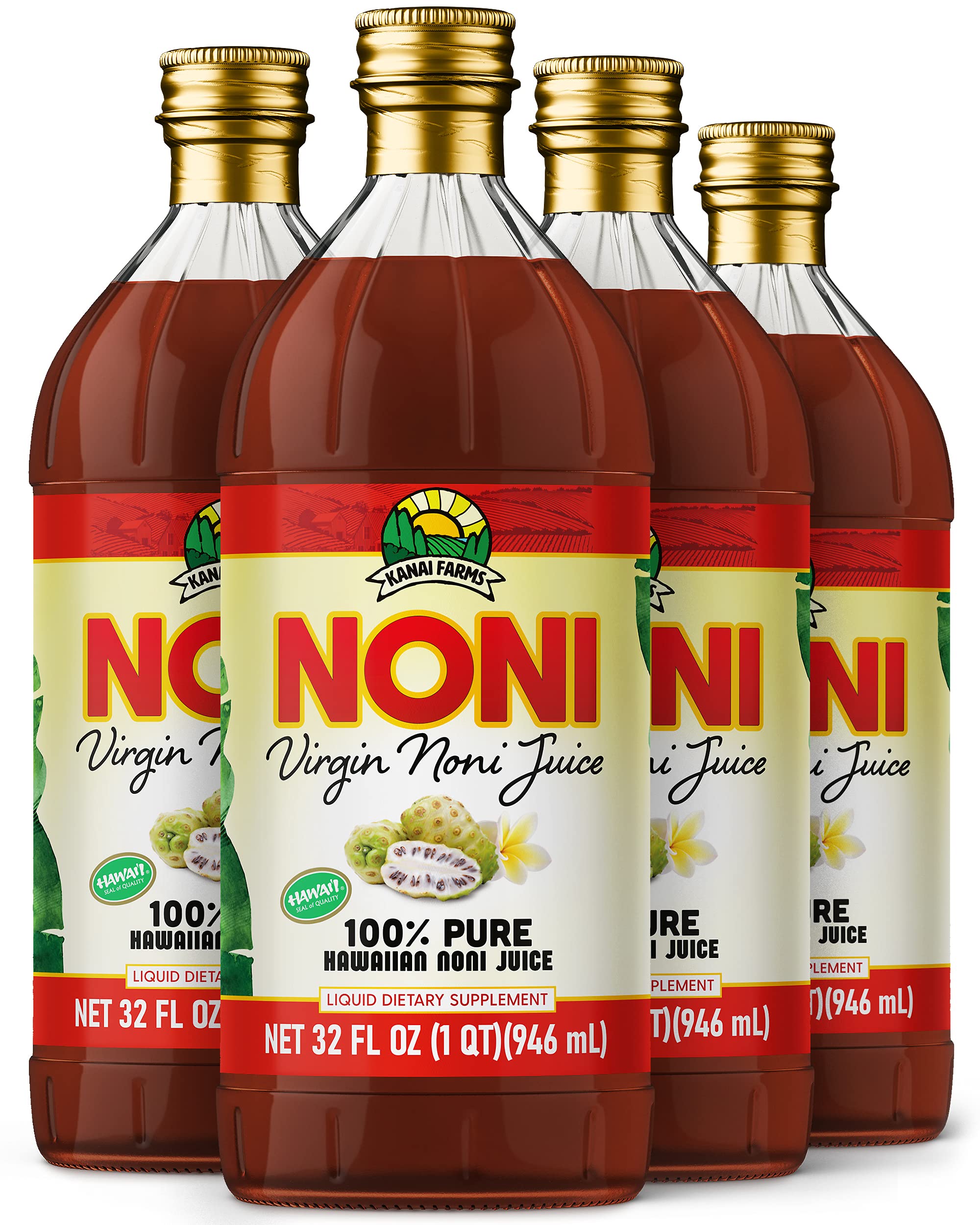 100% Pure Hawaiian Virgin Noni Juice - Organic & Natural Immune Booster - 4 Pack of 32oz Glass Bottles - Perfect for Daily Wellness & Detox