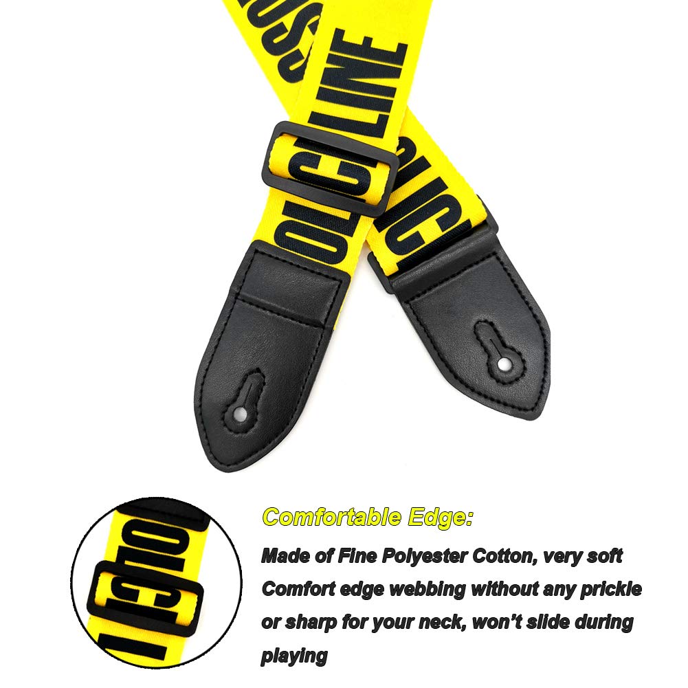 Premium Adjustable Guitar Strap with Leather Ends - Universal Fit for Bass, Electric & Acoustic Guitars - Comfortable & Durable (Yellow Police Line Design) - Perfect for Live Performances, Studio Sessions & Practice