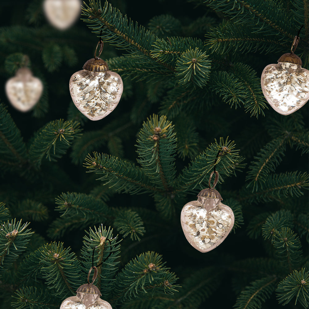 6 Pack Silver Mercury Glass Heart Ornaments - Elegant Christmas Tree Decorations for Holiday, Wedding, and Home Decor