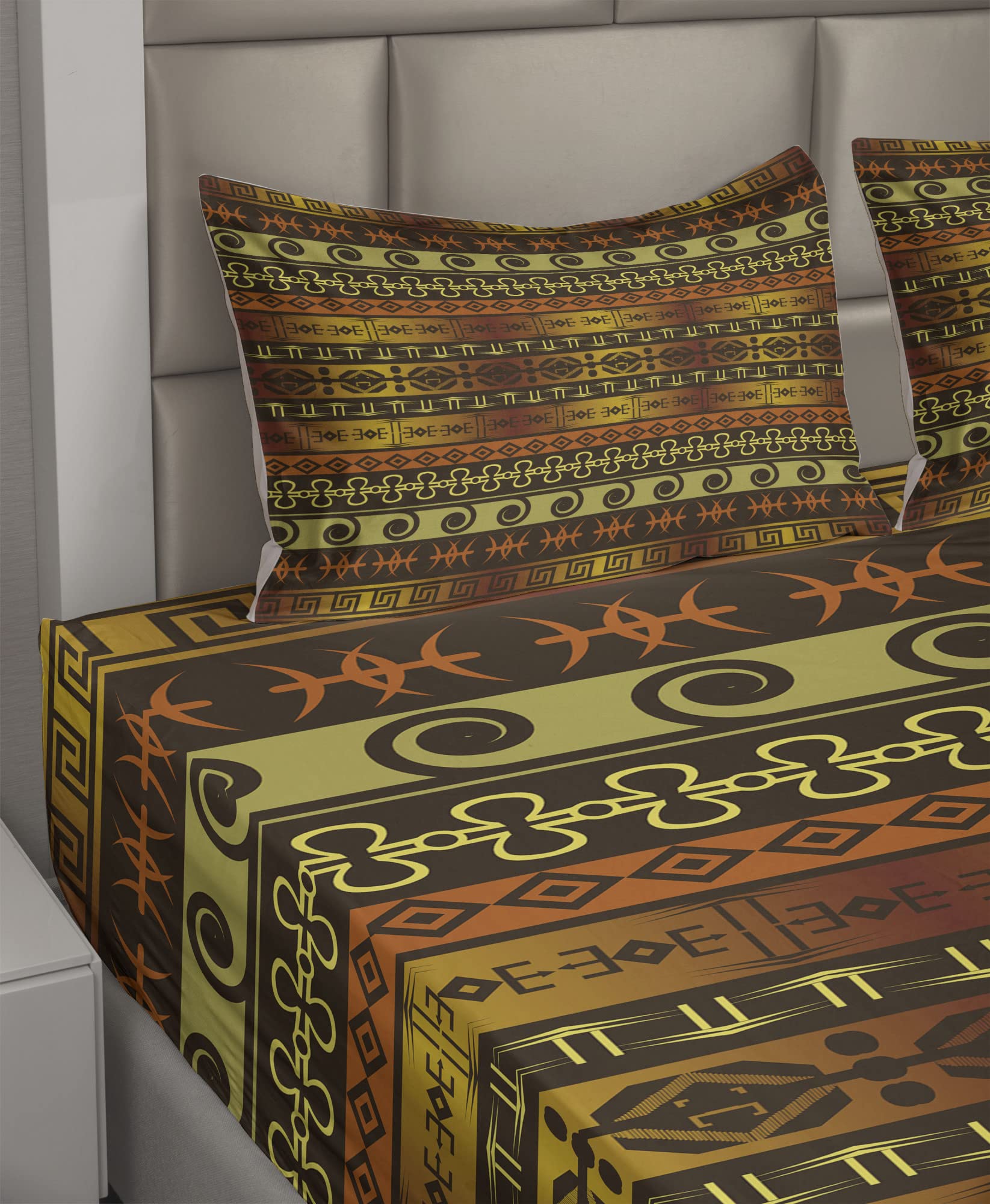 Ambesonne Prehistoric Dinosaur Sheet Set 4-Piece King Size - Indigenous Geometric Tribal Design, Brown Yellow Pale Orange Bedding - Perfect for Kids' Rooms, Themed Bedrooms & Dinosaur Lovers